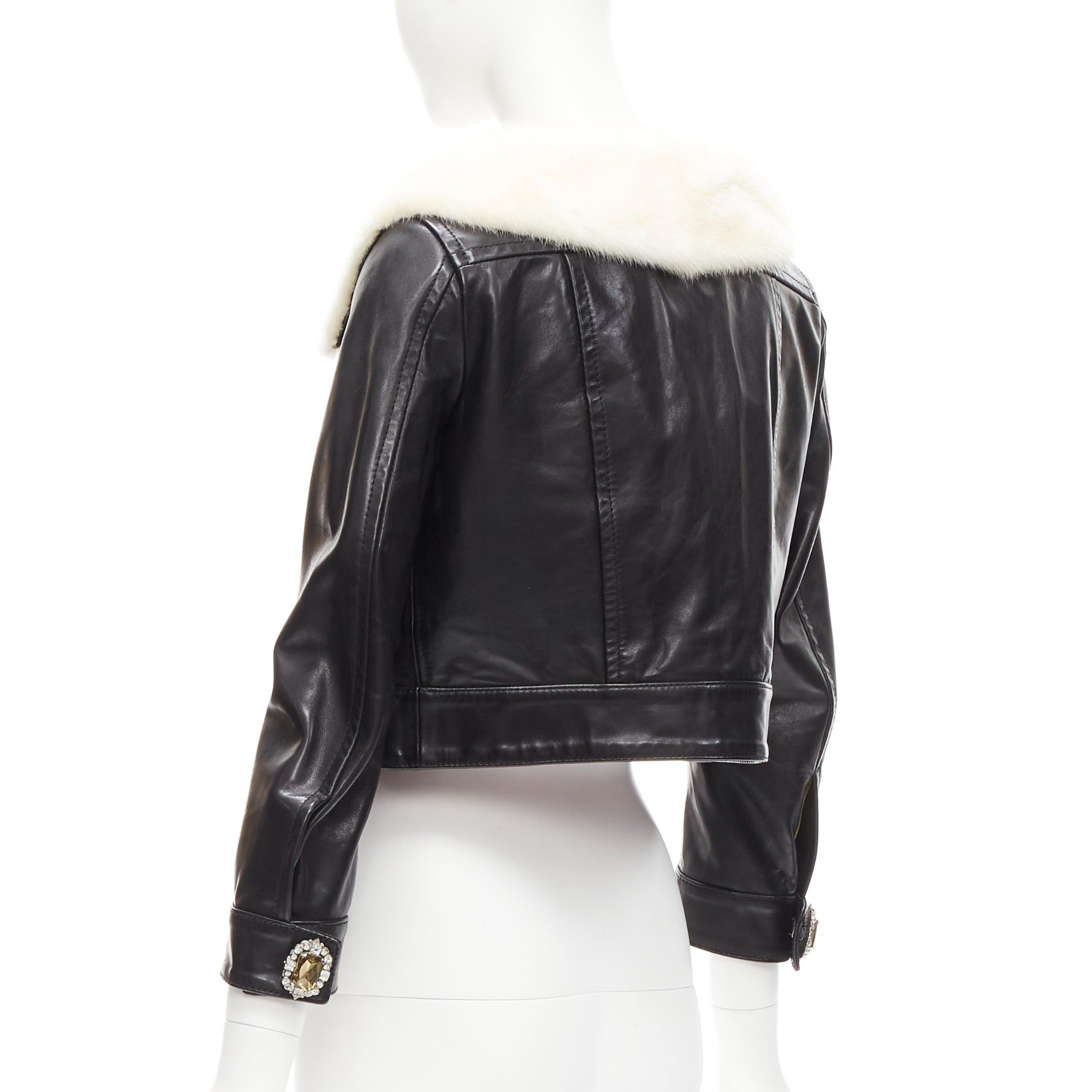 Dsquared2 rare DSQUARED2 asymmetric fur collar jewel button cropped leather jacket IT40 S Size S / US 4 / IT 40 - 5 Thumbnail