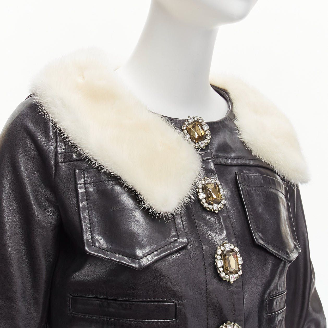 Dsquared2 rare DSQUARED2 asymmetric fur collar jewel button cropped leather jacket IT40 S Size S / US 4 / IT 40 - 2 Thumbnail