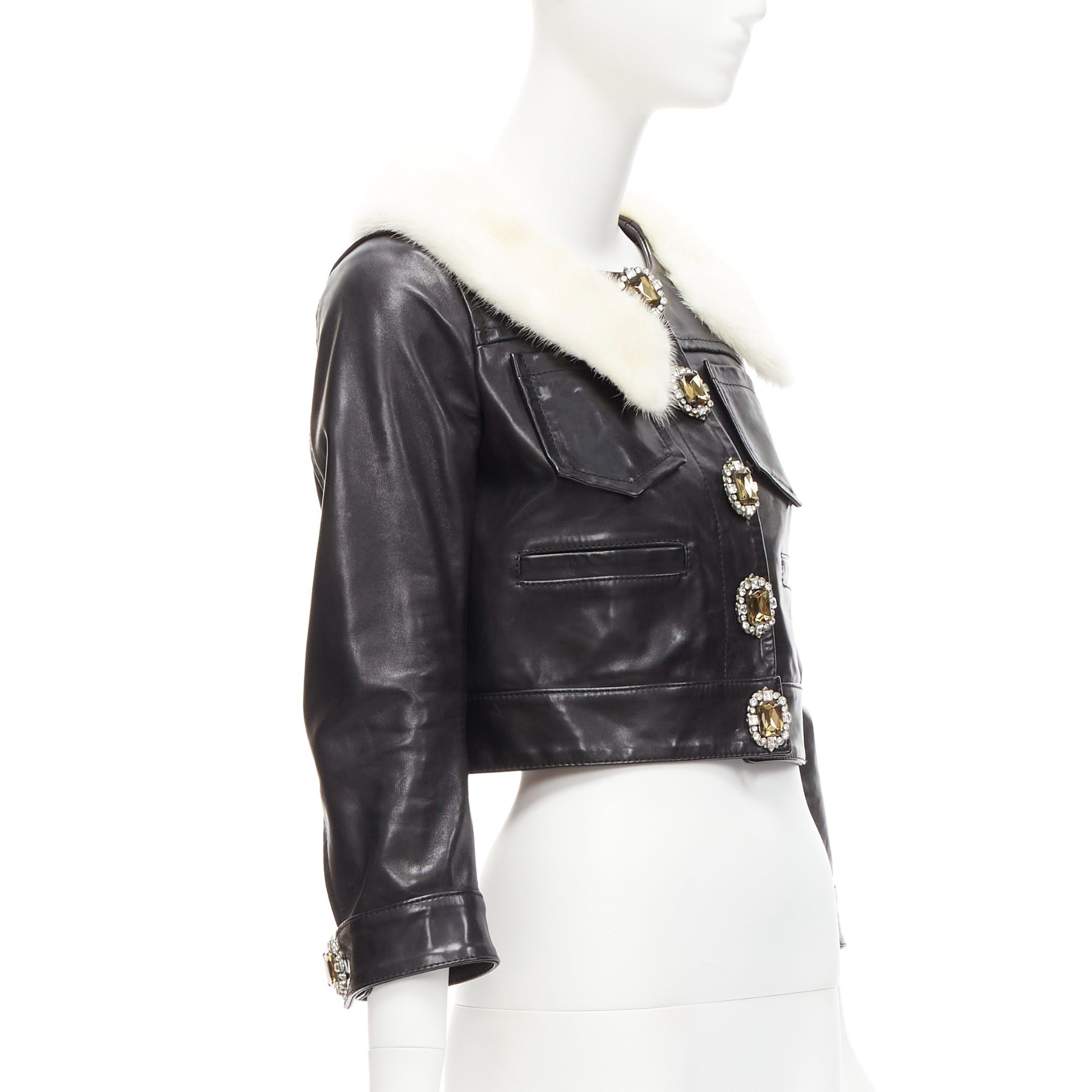 Dsquared2 rare DSQUARED2 asymmetric fur collar jewel button cropped leather jacket IT40 S Size S / US 4 / IT 40 - 3 Thumbnail