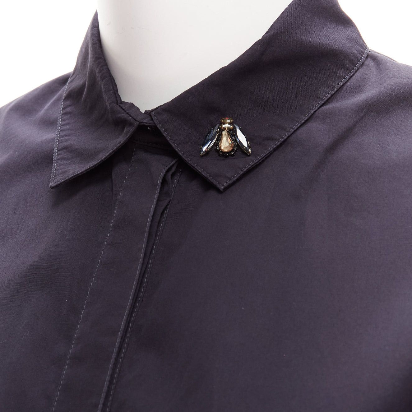 Dior CHRISTIAN DIOR black bee crystal embellished collar ruffle hem shirt dress S Size S / US 4 / IT 40 - 2 Thumbnail