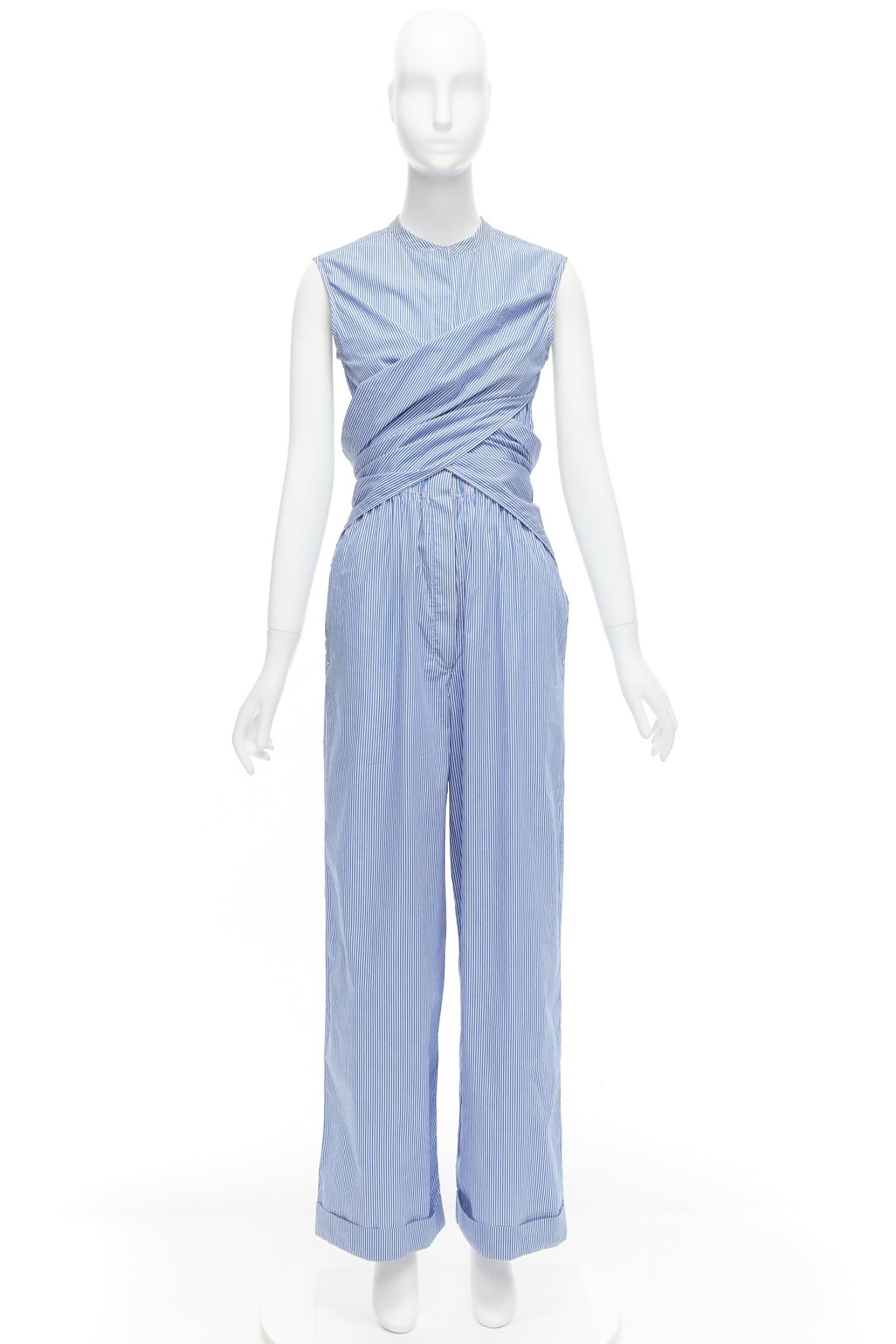 10 Corso Como 10 CORSO COMO blue white striped wrap top wide leg jumpsuit S Size 27" / US 4 / IT 40 - 9 Thumbnail