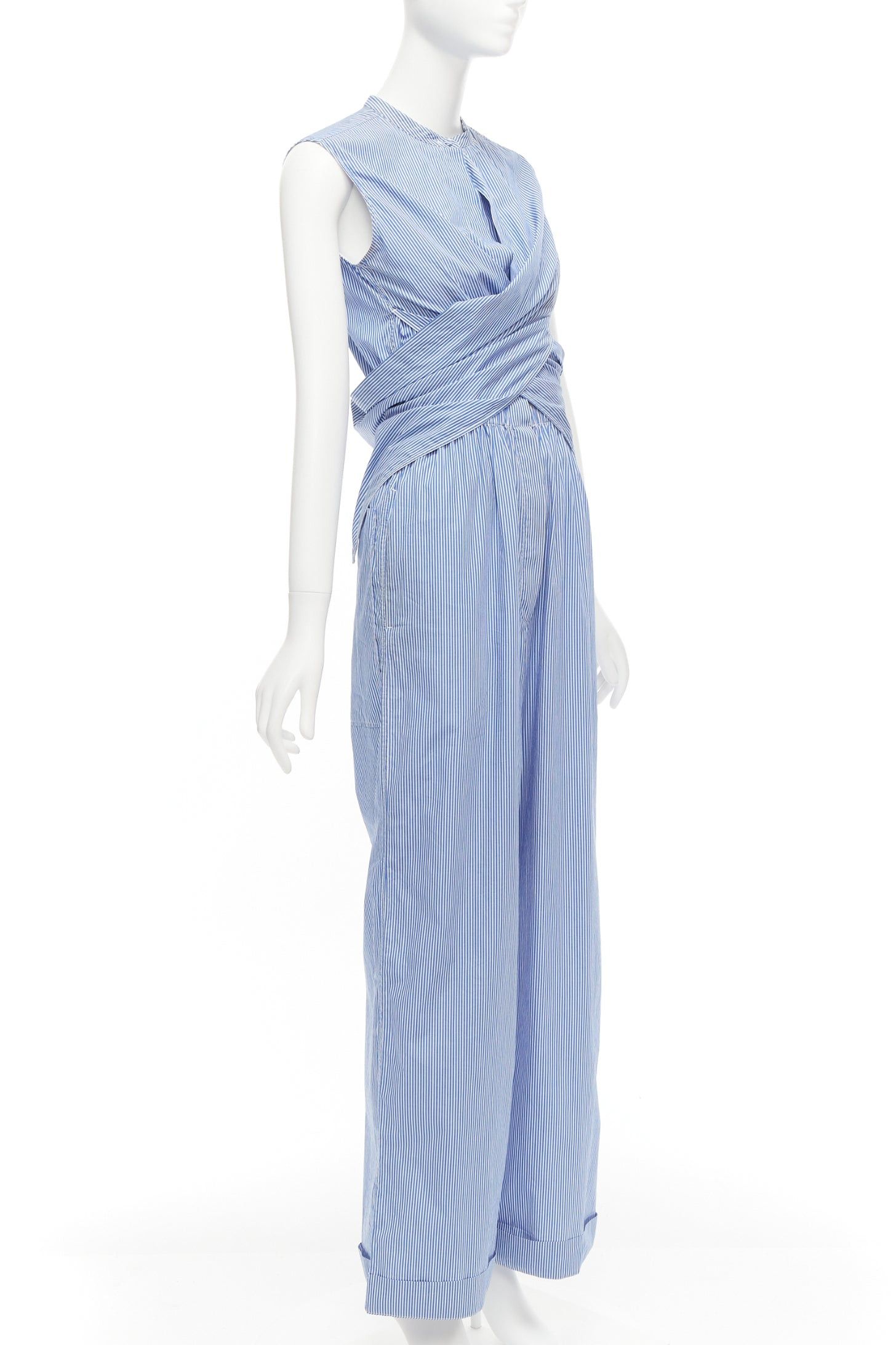 10 Corso Como 10 CORSO COMO blue white striped wrap top wide leg jumpsuit S Size 27" / US 4 / IT 40 - 3 Thumbnail