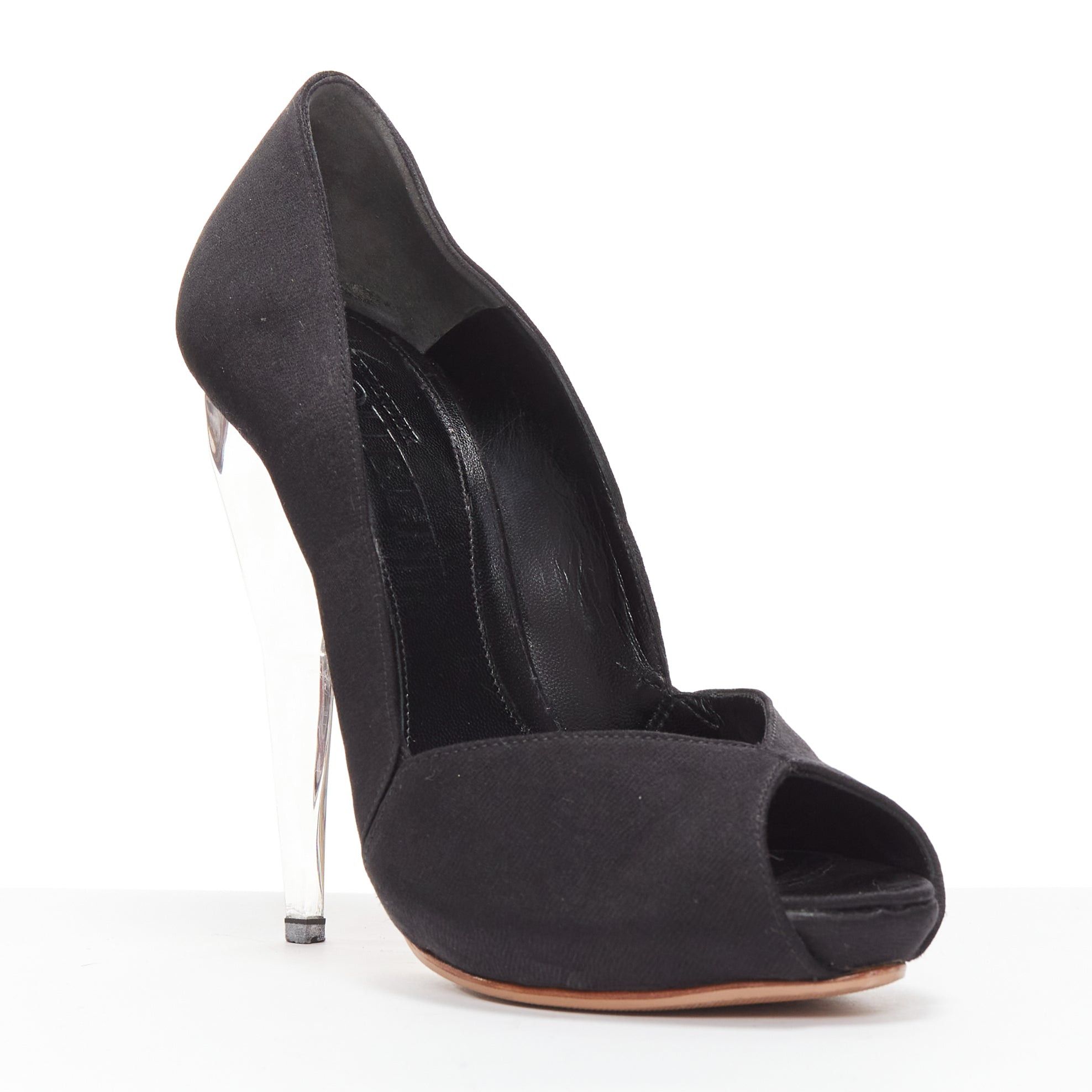 Alexander McQueen ALEXANDER MCQUEEN black satin clear lucite dagger peep toe heel EU37 Size US 7 / IT 37 - 2 Thumbnail