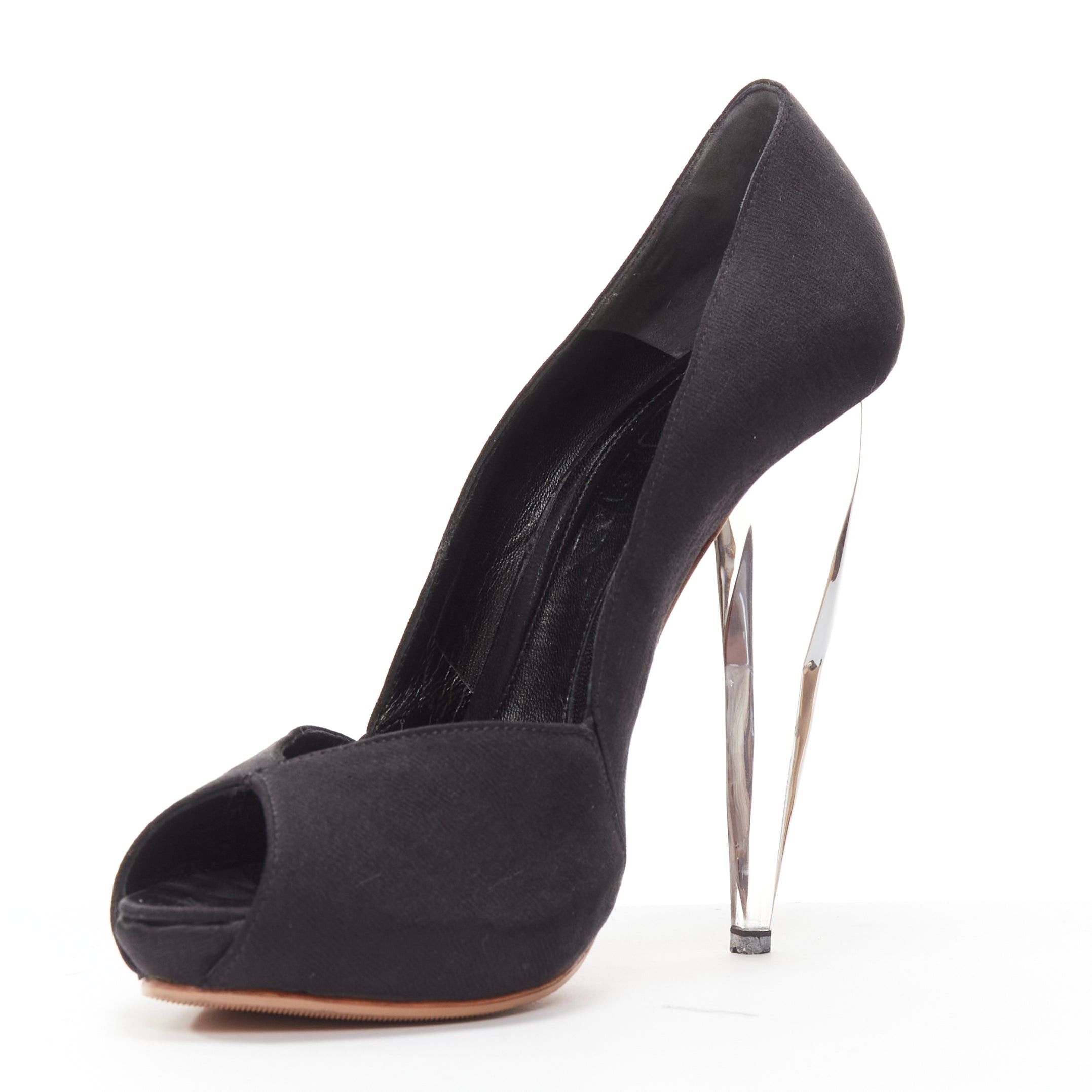 Alexander McQueen ALEXANDER MCQUEEN black satin clear lucite dagger peep toe heel EU37 Size US 7 / IT 37 - 4 Thumbnail