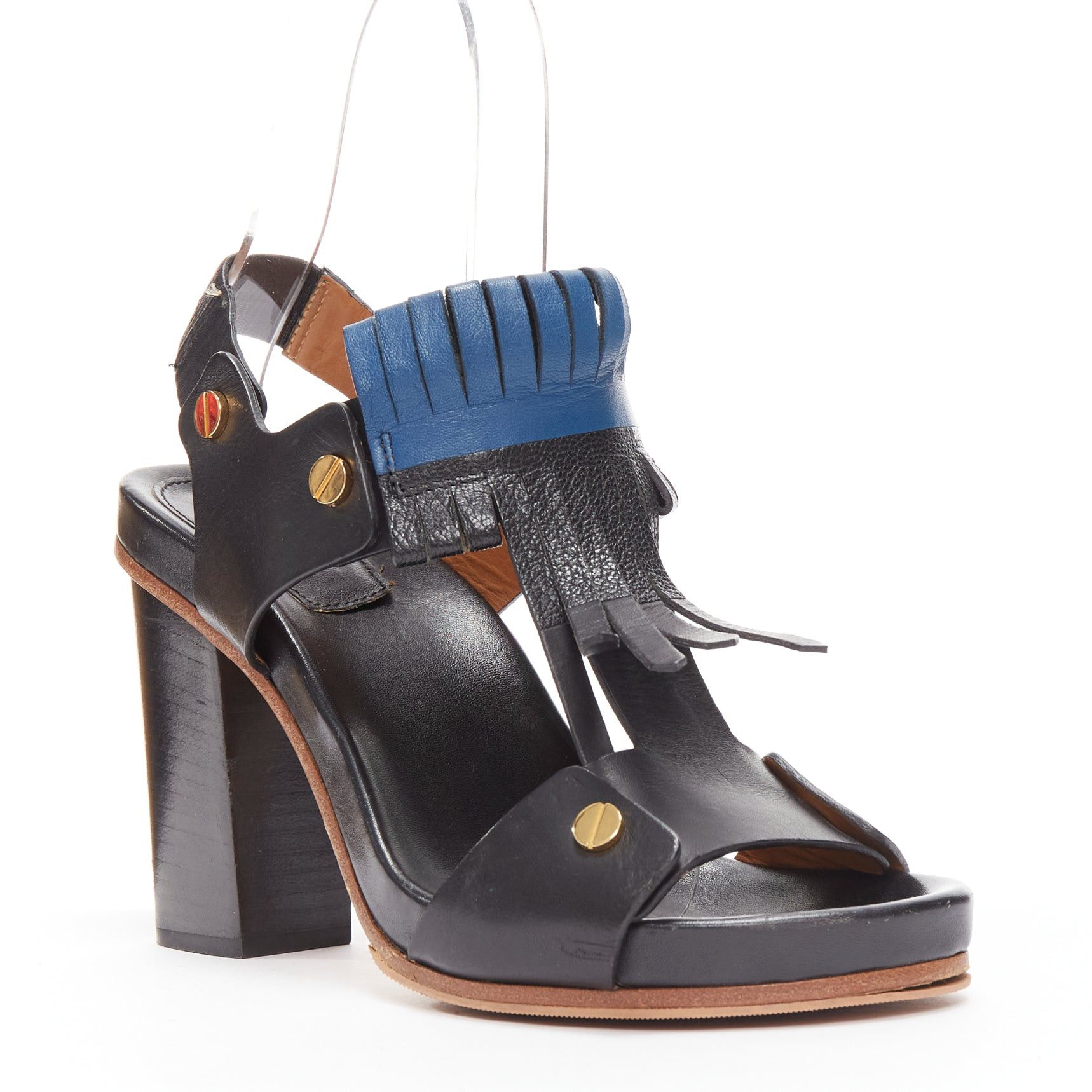 Chloe CHLOE black blue fringe detail gold nail grommet block heel sandal EU37 Size US 7 / IT 37 - 2 Thumbnail