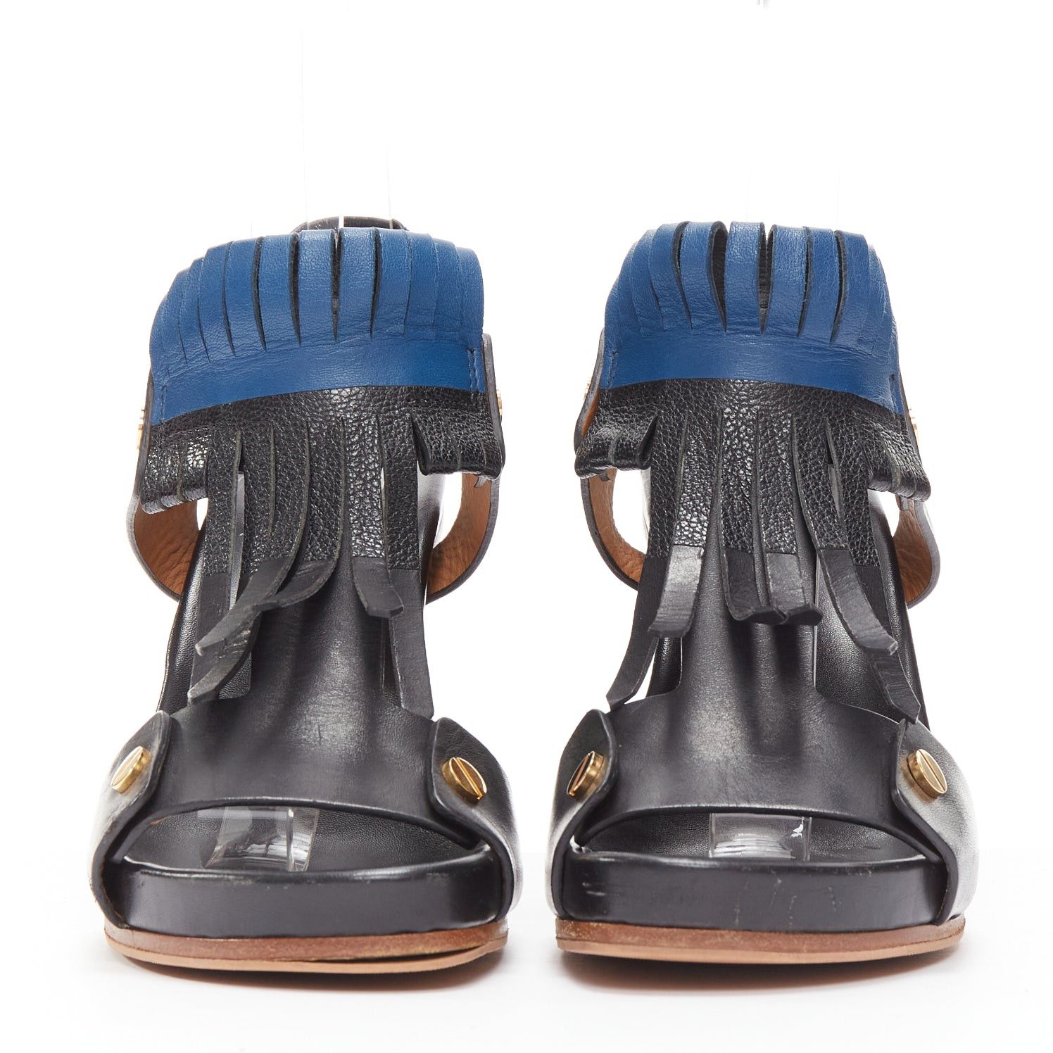 Chloe CHLOE black blue fringe detail gold nail grommet block heel sandal EU37 Size US 7 / IT 37 - 3 Thumbnail