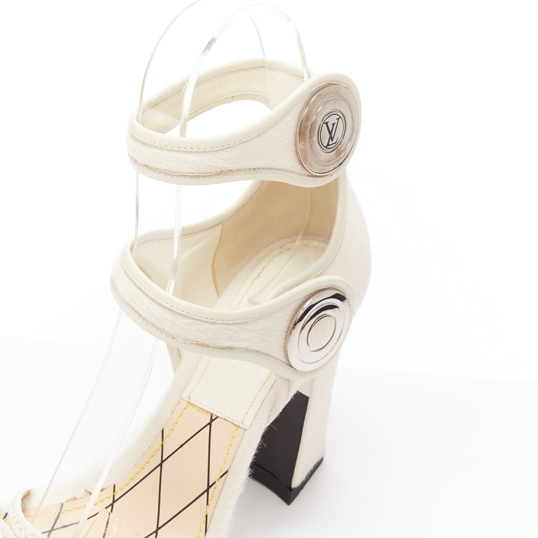 Louis Vuitton LOUIS VUITTON Anaconda white calf hair silver button braided chunky heel EU37 Size US 7 / IT 37 - 7 Thumbnail