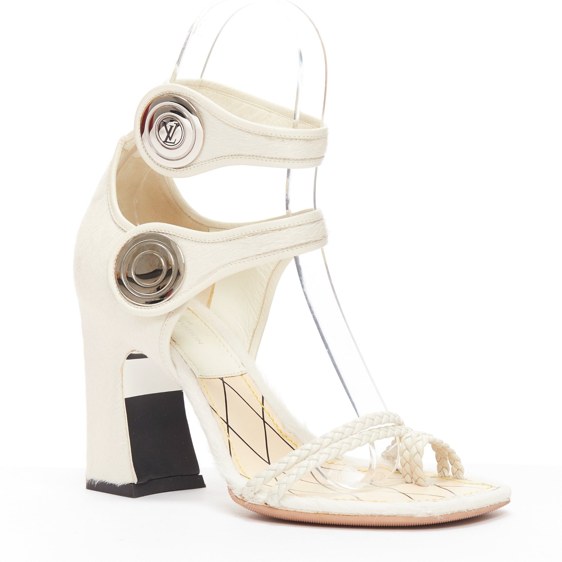Louis Vuitton LOUIS VUITTON Anaconda white calf hair silver button braided chunky heel EU37 Size US 7 / IT 37 - 2 Thumbnail