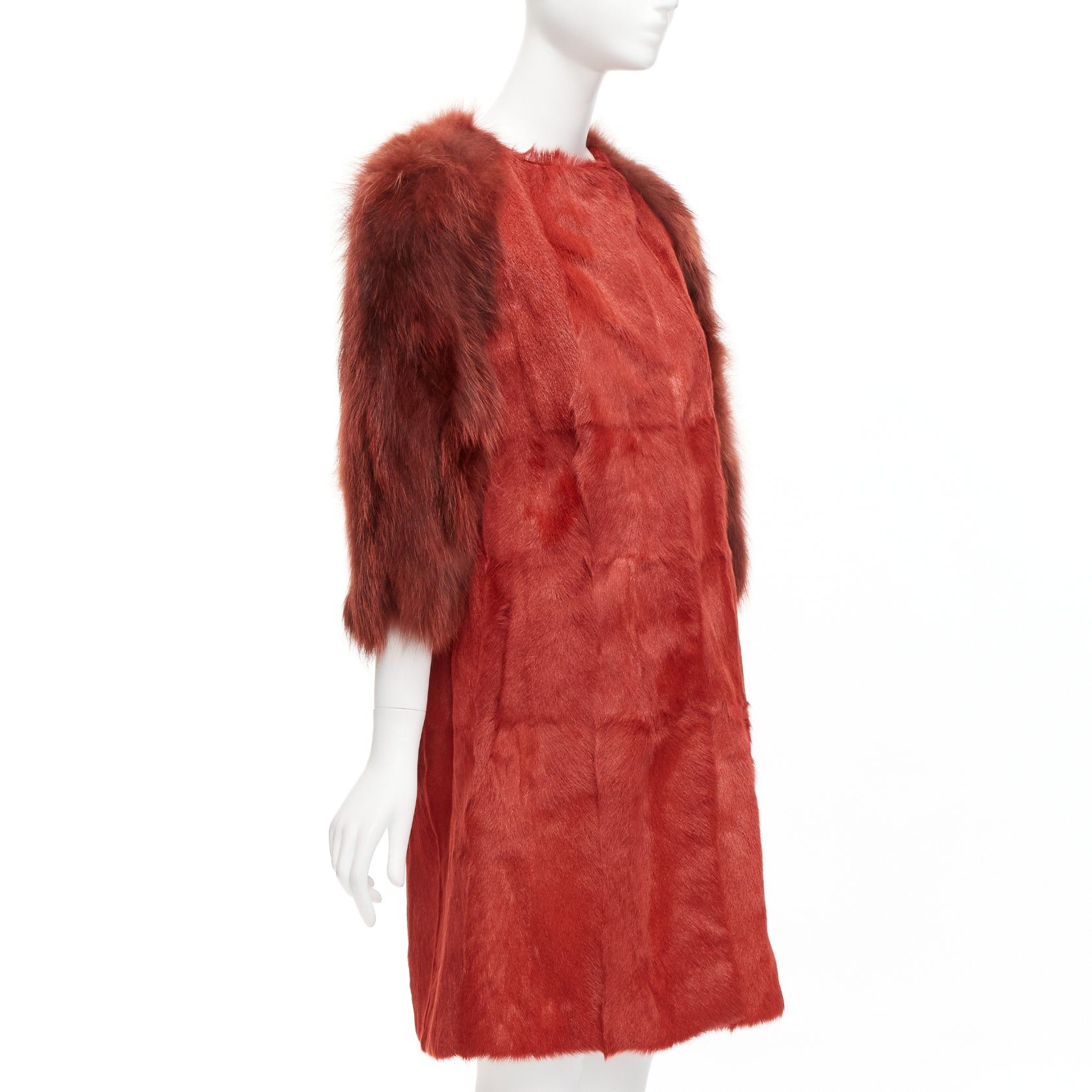 Giambattista Valli GIAMBATTISTA VALLI red genuine fur patchwork contrast raglan sleeve long coat Size M / US 6-8 / IT 42-44 - 4 Thumbnail