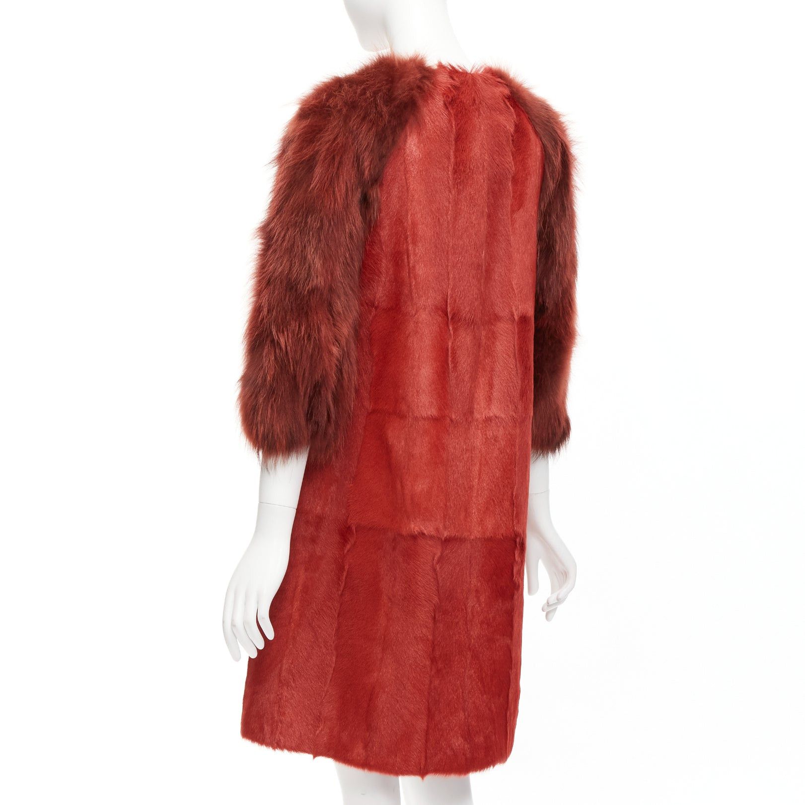 Giambattista Valli GIAMBATTISTA VALLI red genuine fur patchwork contrast raglan sleeve long coat Size M / US 6-8 / IT 42-44 - 7 Thumbnail