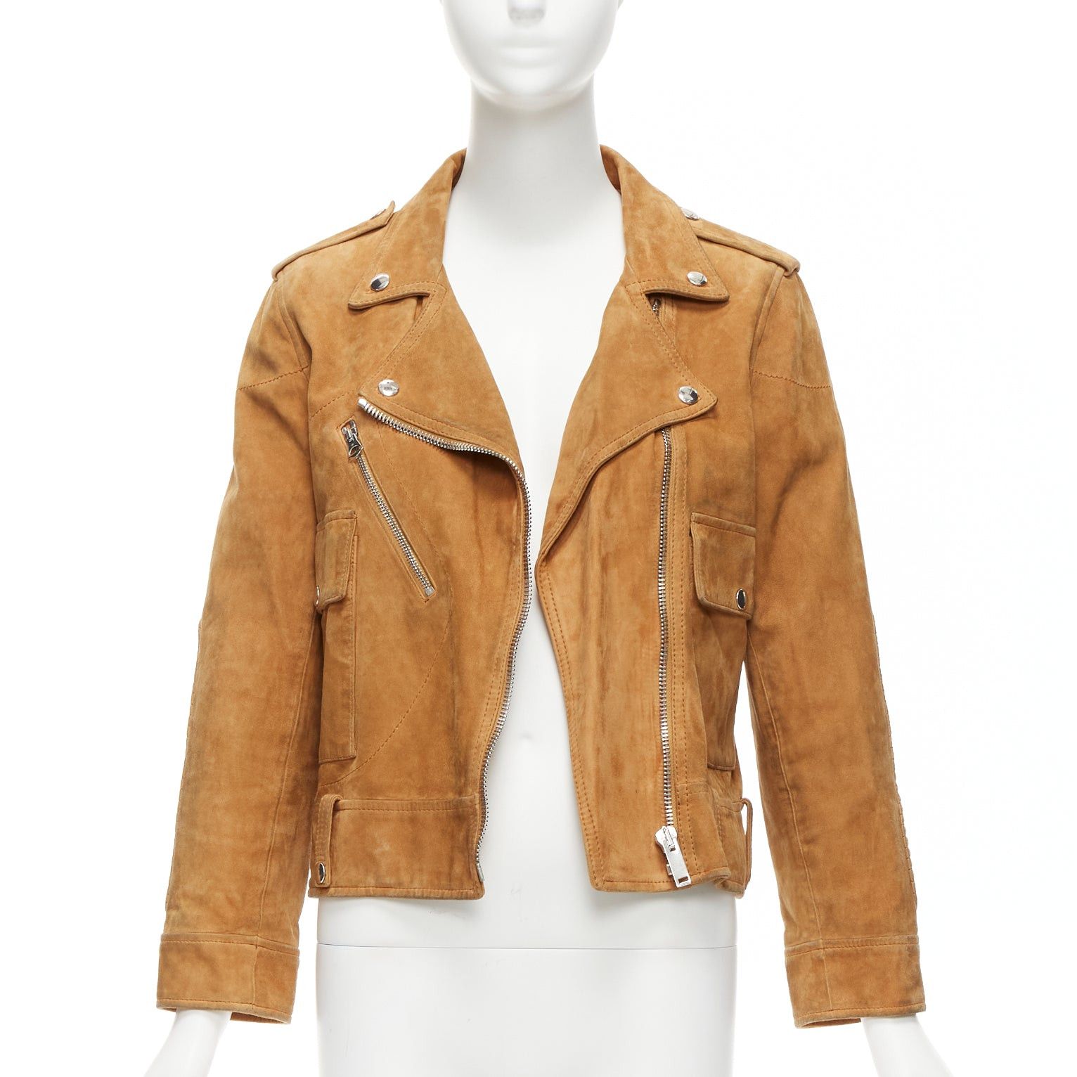 Golden Goose GOLDEN GOOSE tobacco brown distressed suede silver stud logo biker jacket Size S / US 4 / IT 40 - 2 Thumbnail