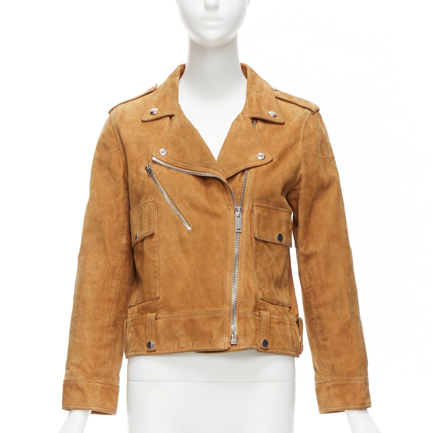 Golden Goose GOLDEN GOOSE tobacco brown distressed suede silver stud logo biker jacket Size S / US 4 / IT 40 - 3 Thumbnail