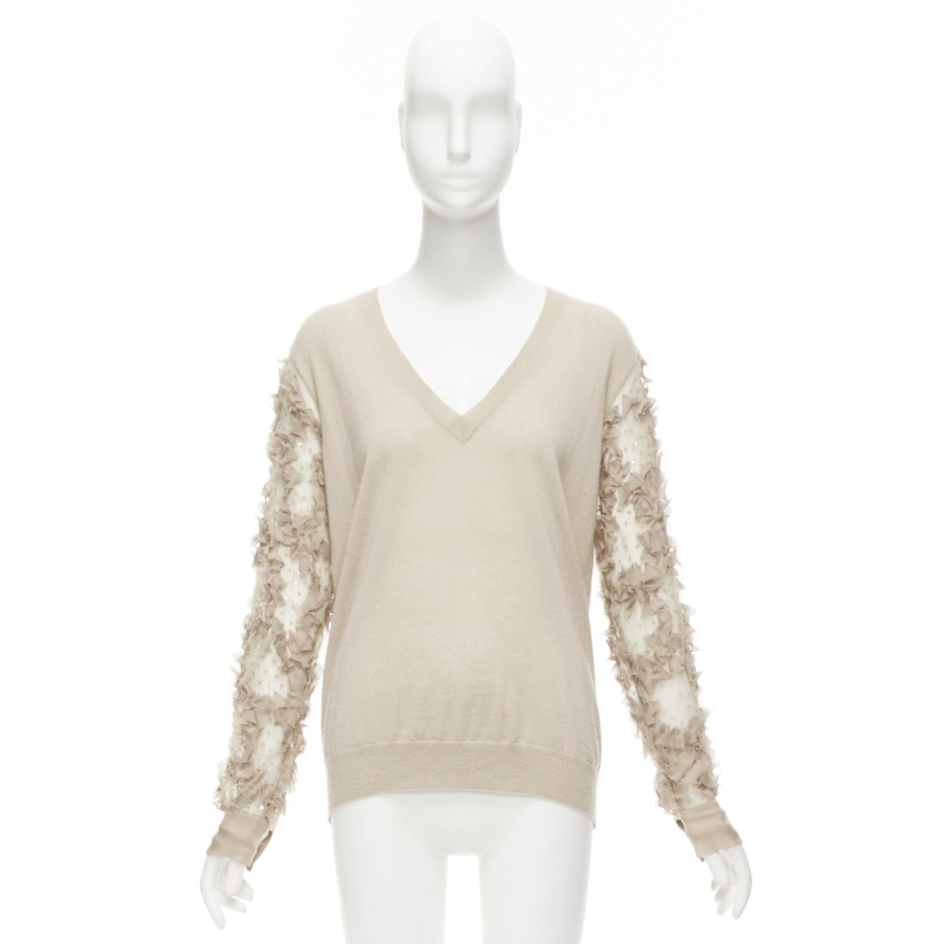 Dries Van Noten DRIES VAN NOTEN stone cashmere silk ruffle sheer sleeves V-neck sweater S Size S / US 4 / IT 40 - 9 Thumbnail