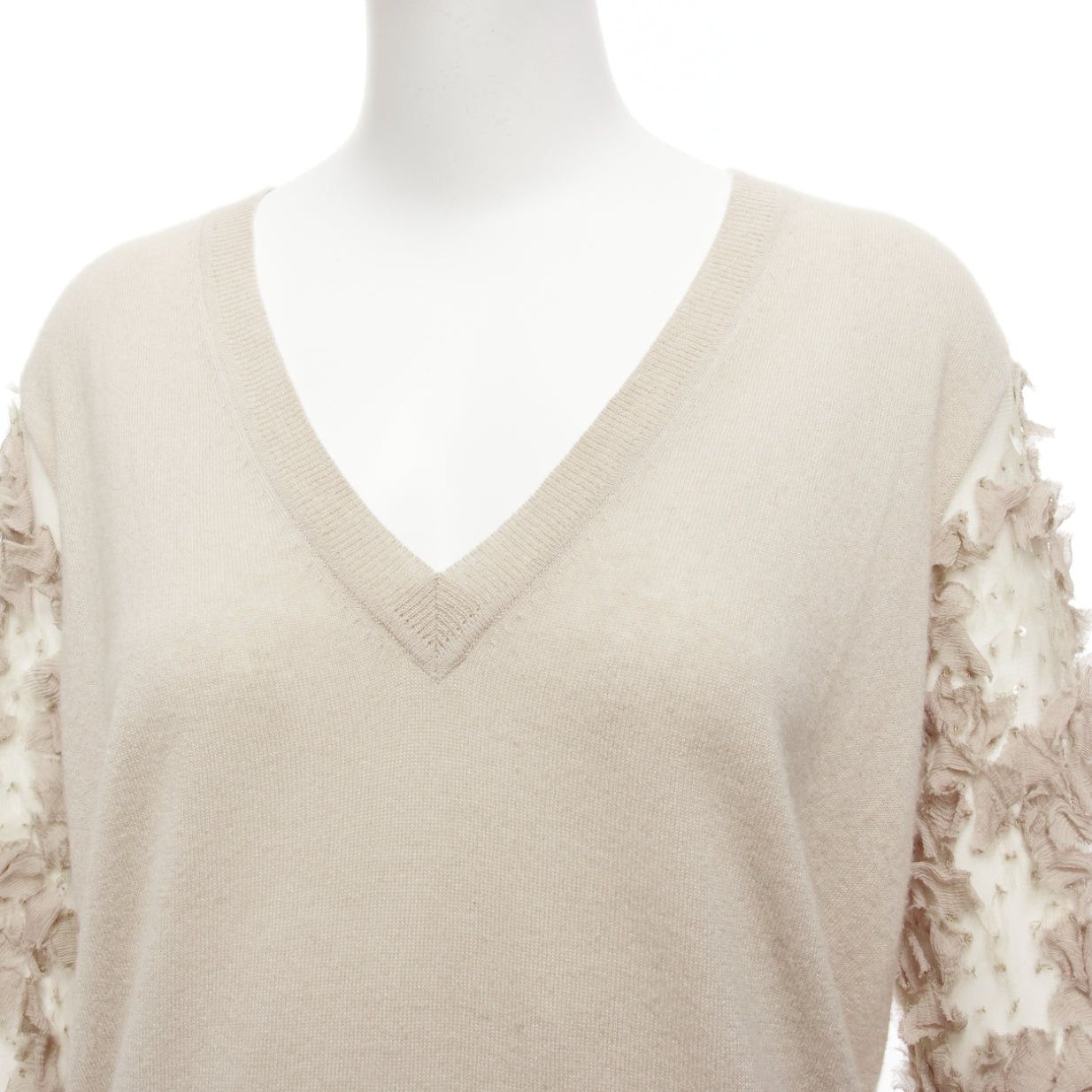 Dries Van Noten DRIES VAN NOTEN stone cashmere silk ruffle sheer sleeves V-neck sweater S Size S / US 4 / IT 40 - 7 Thumbnail