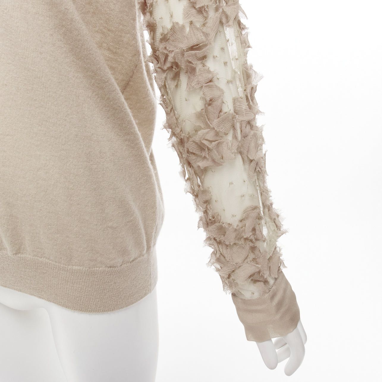 Dries Van Noten DRIES VAN NOTEN stone cashmere silk ruffle sheer sleeves V-neck sweater S Size S / US 4 / IT 40 - 2 Thumbnail