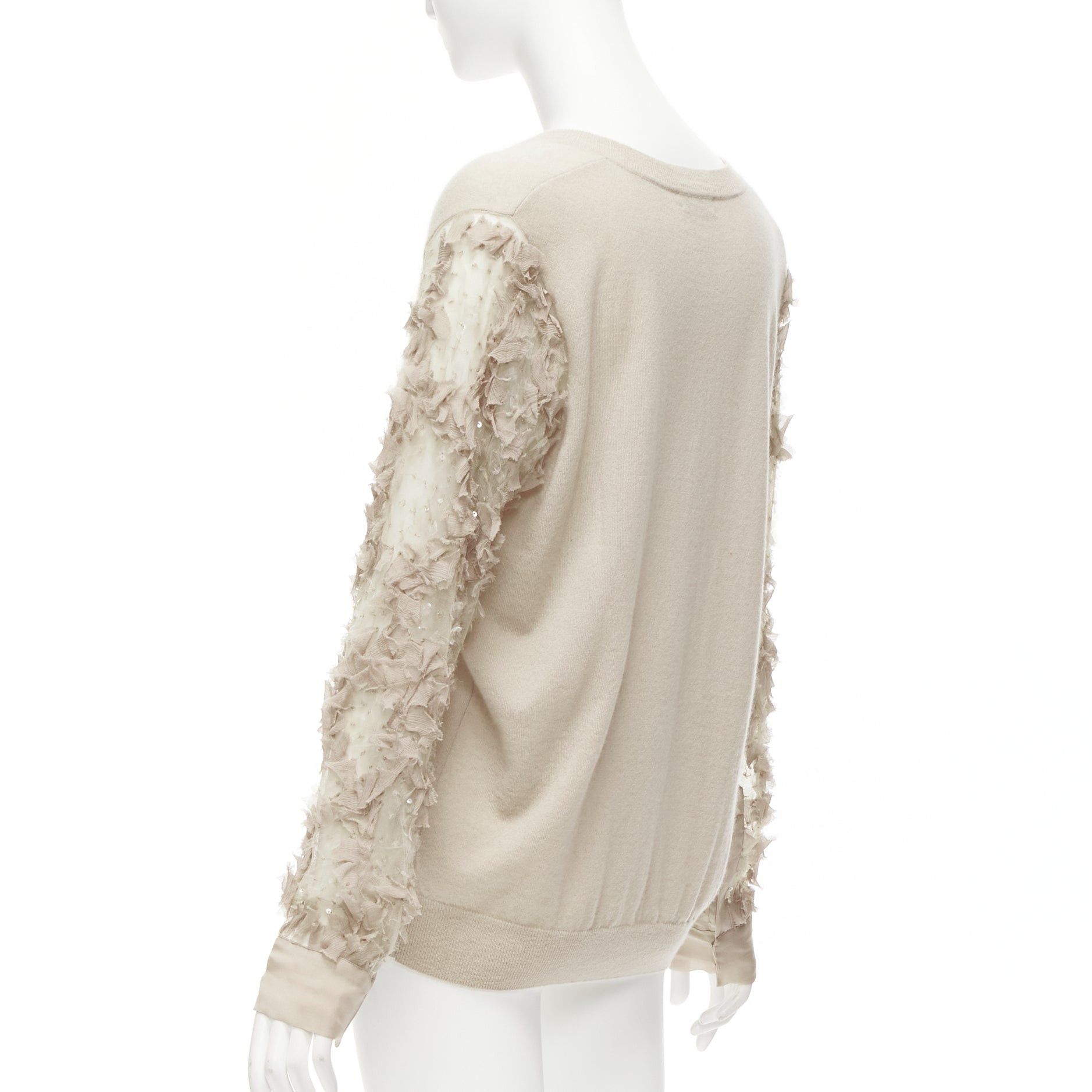 Dries Van Noten DRIES VAN NOTEN stone cashmere silk ruffle sheer sleeves V-neck sweater S Size S / US 4 / IT 40 - 6 Thumbnail