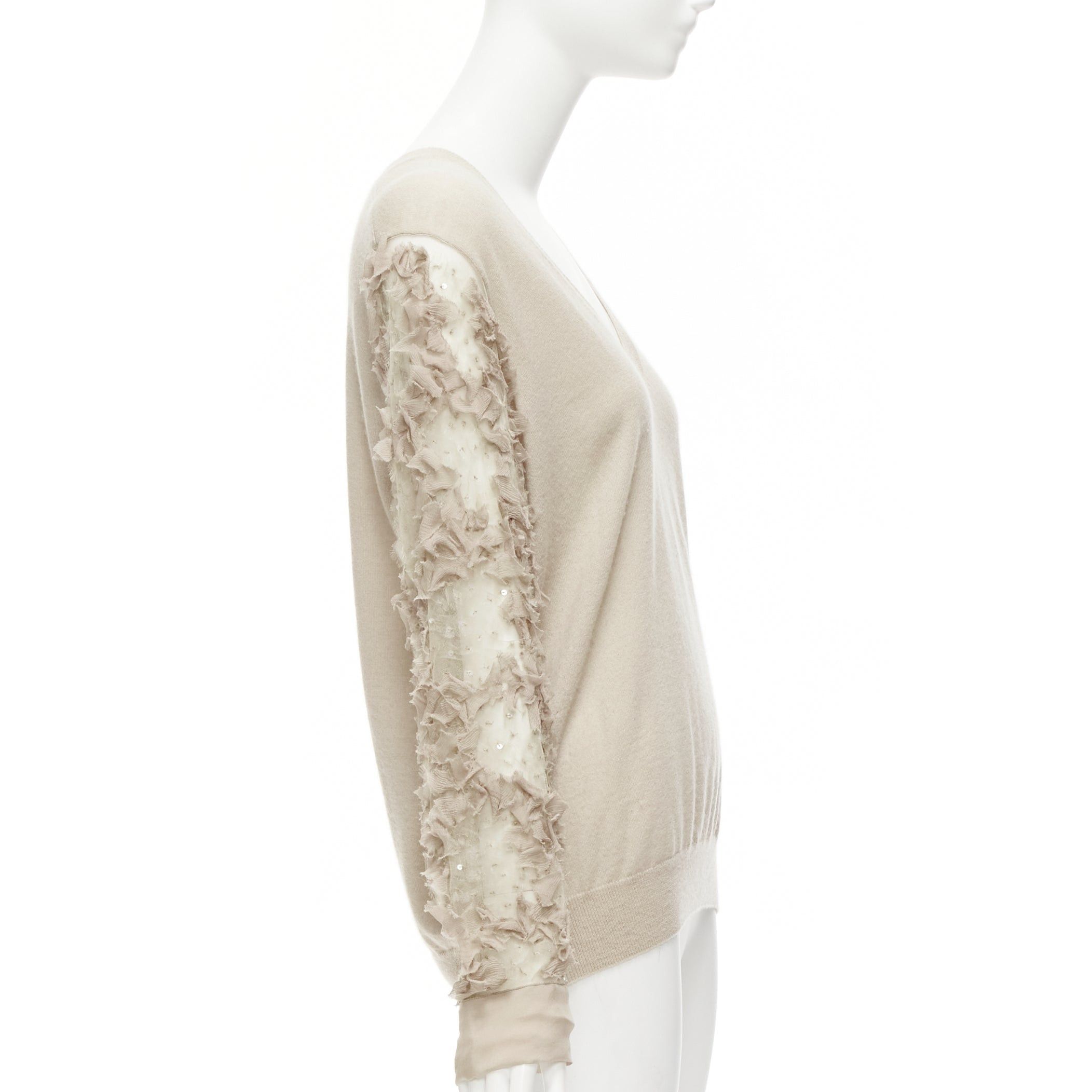 Dries Van Noten DRIES VAN NOTEN stone cashmere silk ruffle sheer sleeves V-neck sweater S Size S / US 4 / IT 40 - 4 Thumbnail