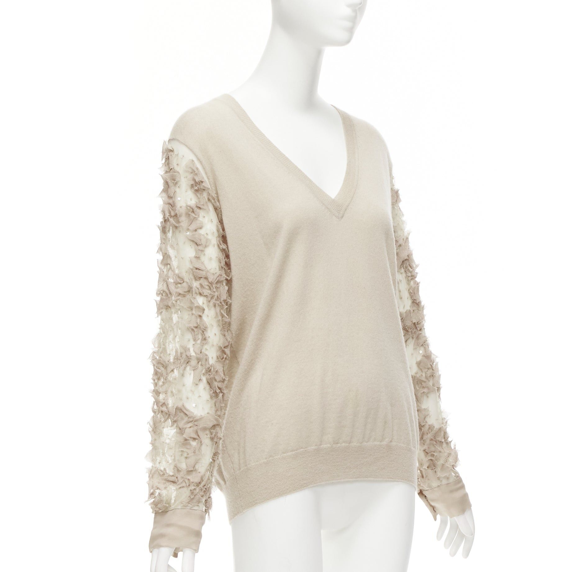 Dries Van Noten DRIES VAN NOTEN stone cashmere silk ruffle sheer sleeves V-neck sweater S Size S / US 4 / IT 40 - 3 Thumbnail