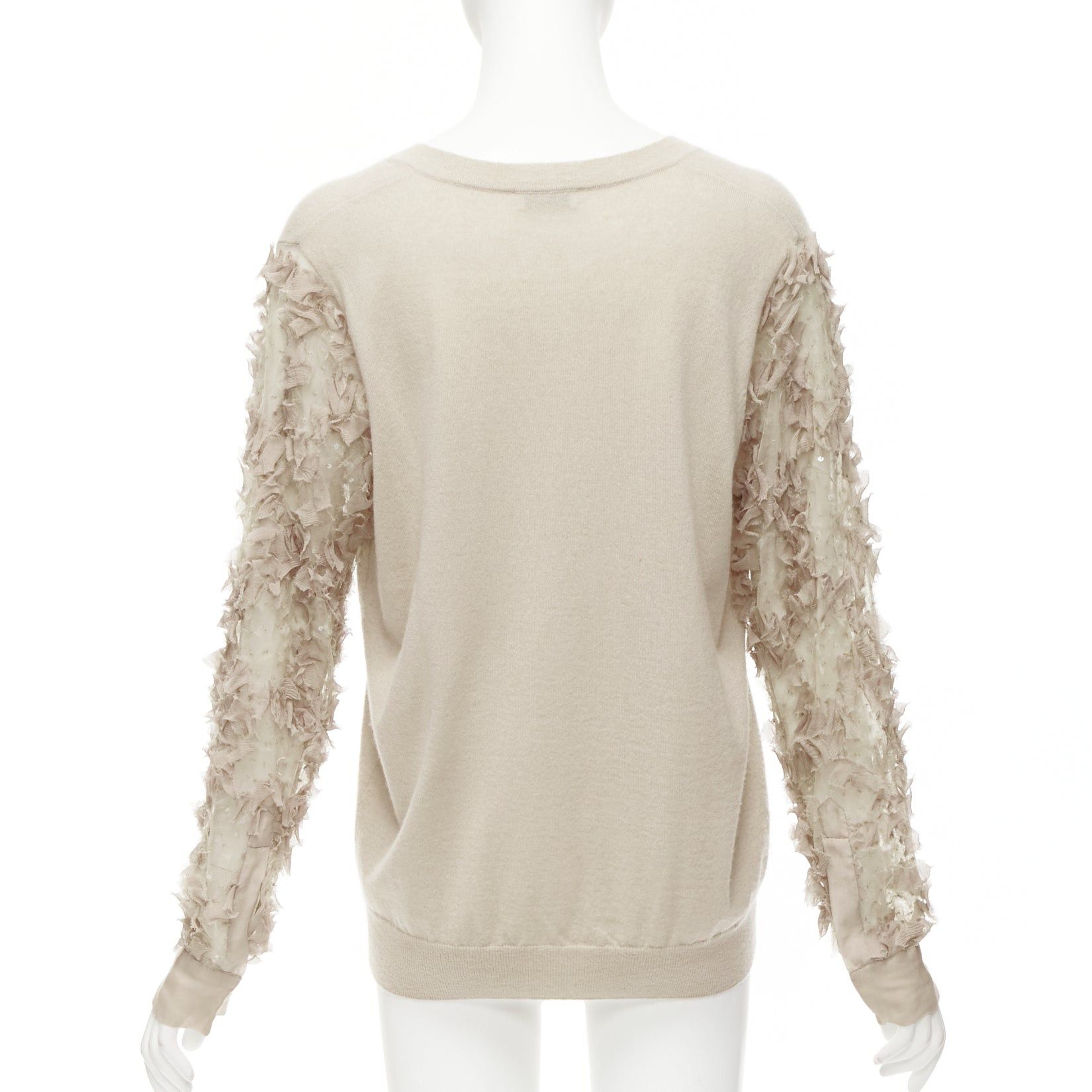 Dries Van Noten DRIES VAN NOTEN stone cashmere silk ruffle sheer sleeves V-neck sweater S Size S / US 4 / IT 40 - 5 Thumbnail