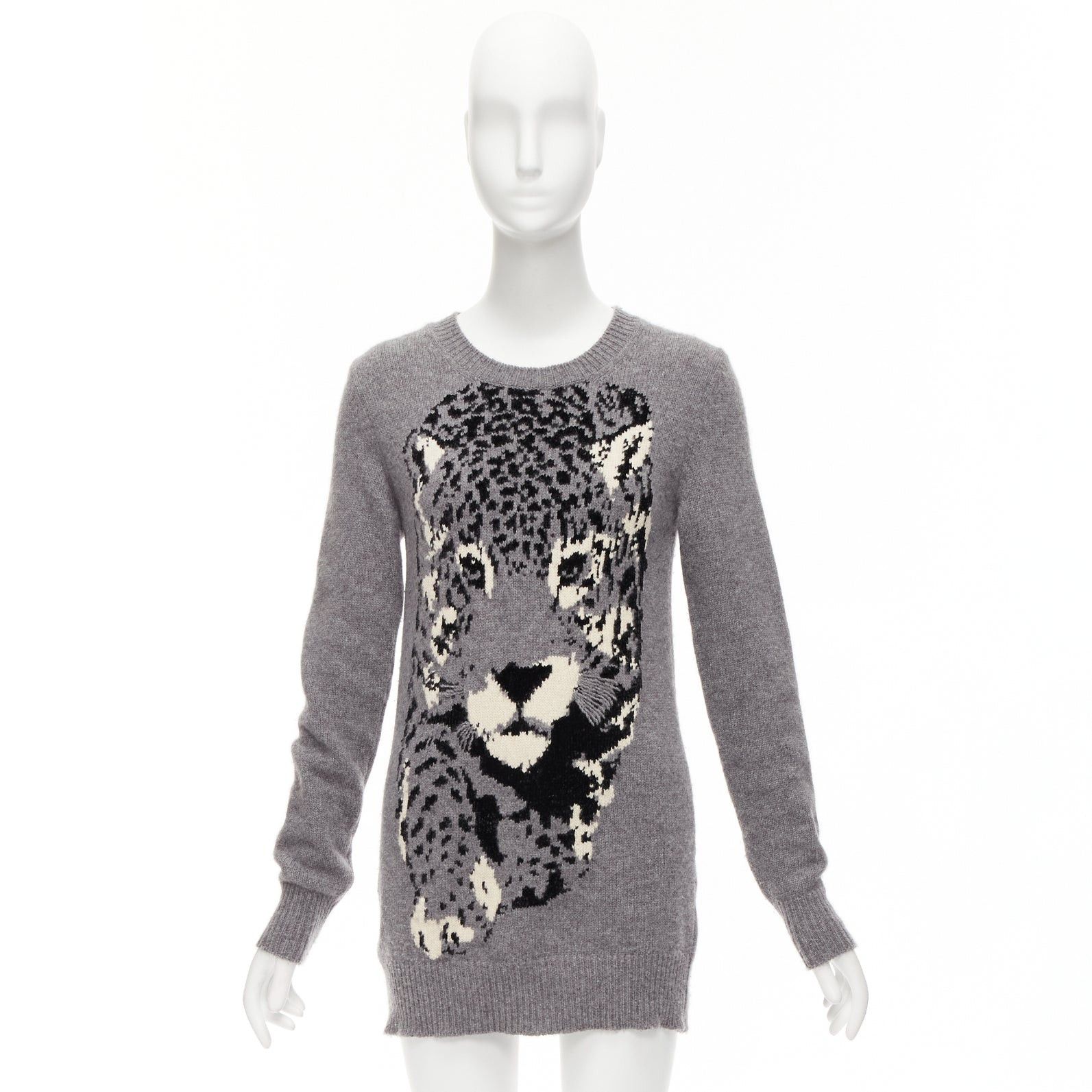Stella McCartney STELLA MCCARTNEY grey black cream leopard intarsia crew neck knitted dress Size S / US 4 / IT 40 - 9 Thumbnail