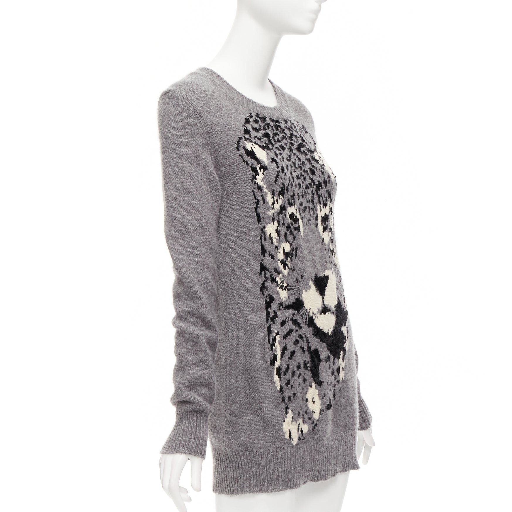 Stella McCartney STELLA MCCARTNEY grey black cream leopard intarsia crew neck knitted dress Size S / US 4 / IT 40 - 3 Thumbnail