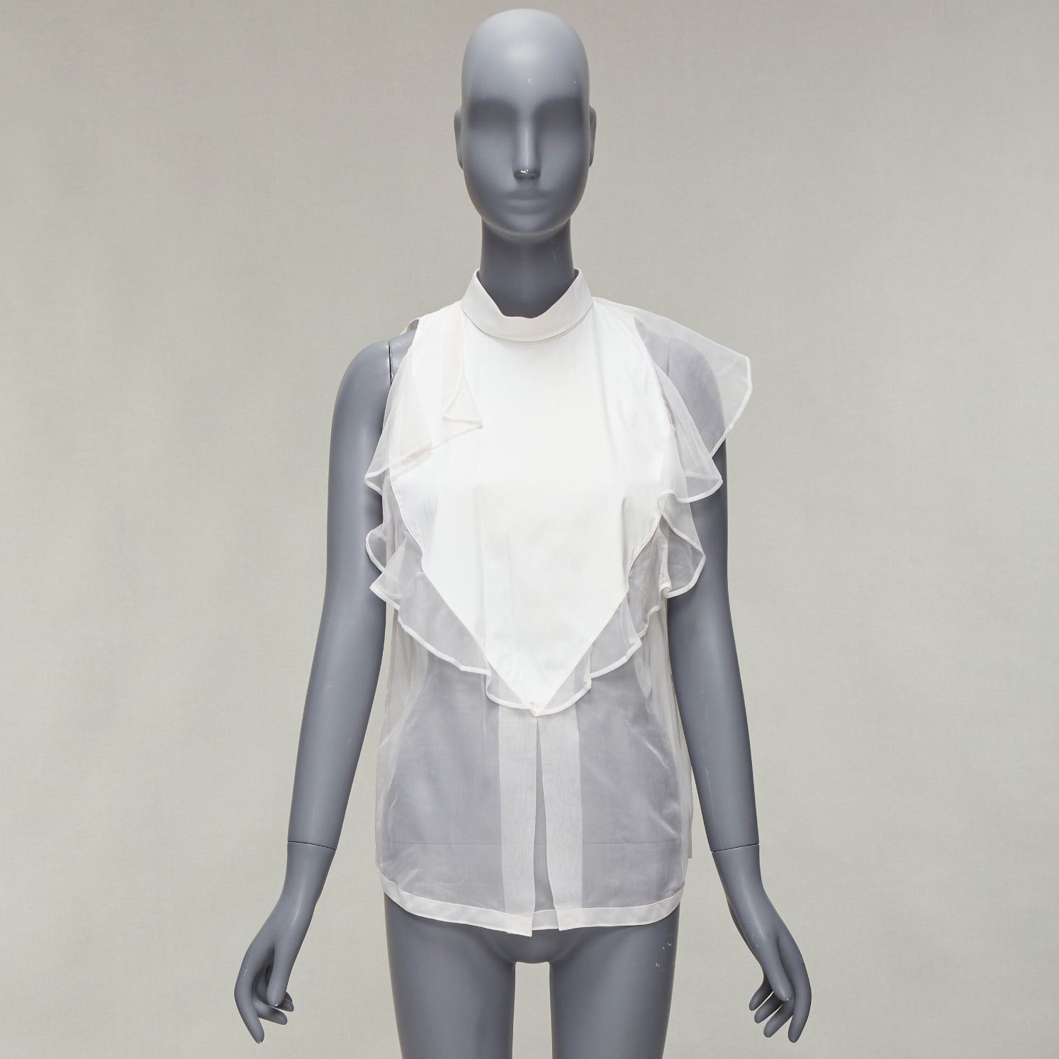 Givenchy GIVENCHY white silky sheer ruffles front hi neck collar sleeveless shirt Size S / US 4 / IT 40 - 10 Thumbnail