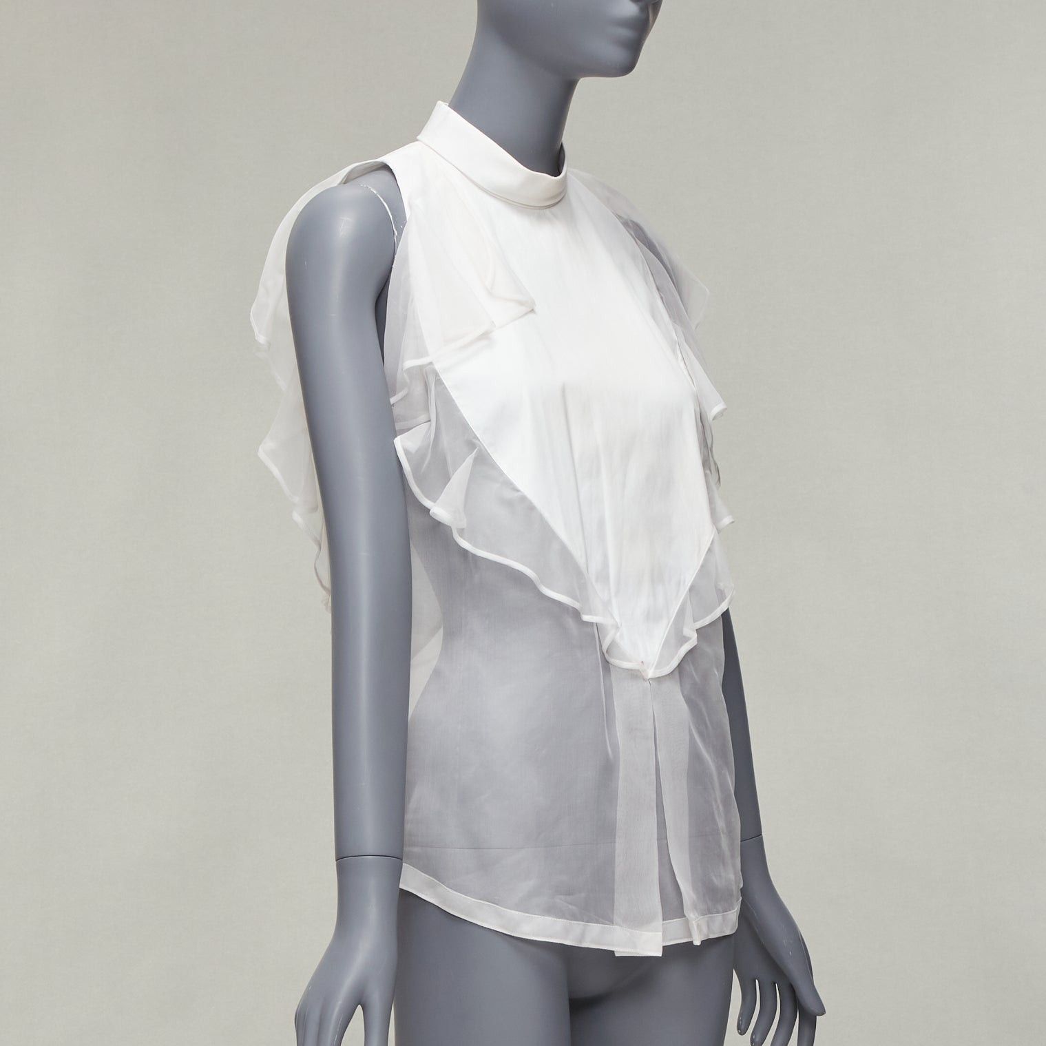 Givenchy GIVENCHY white silky sheer ruffles front hi neck collar sleeveless shirt Size S / US 4 / IT 40 - 3 Thumbnail