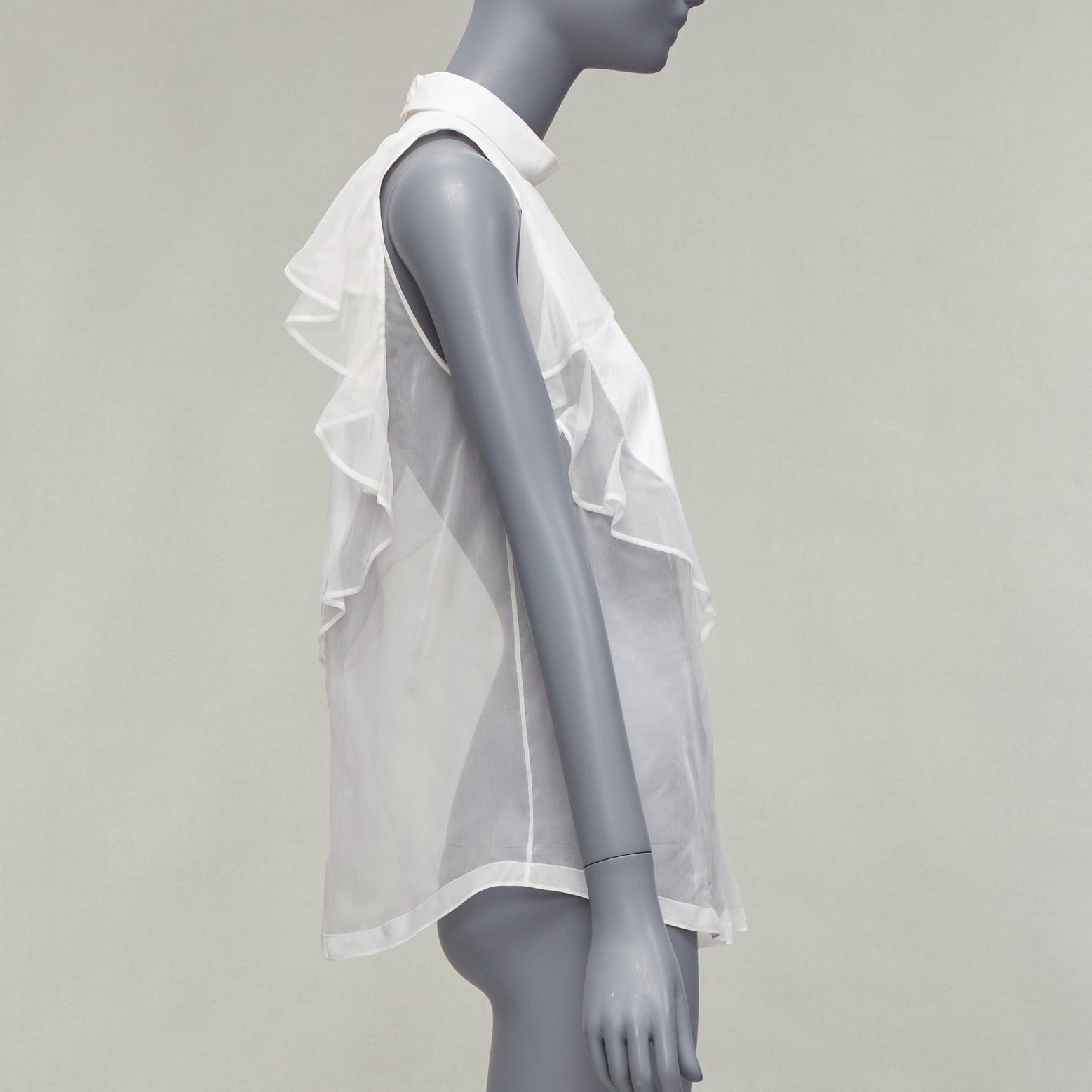 Givenchy GIVENCHY white silky sheer ruffles front hi neck collar sleeveless shirt Size S / US 4 / IT 40 - 4 Thumbnail