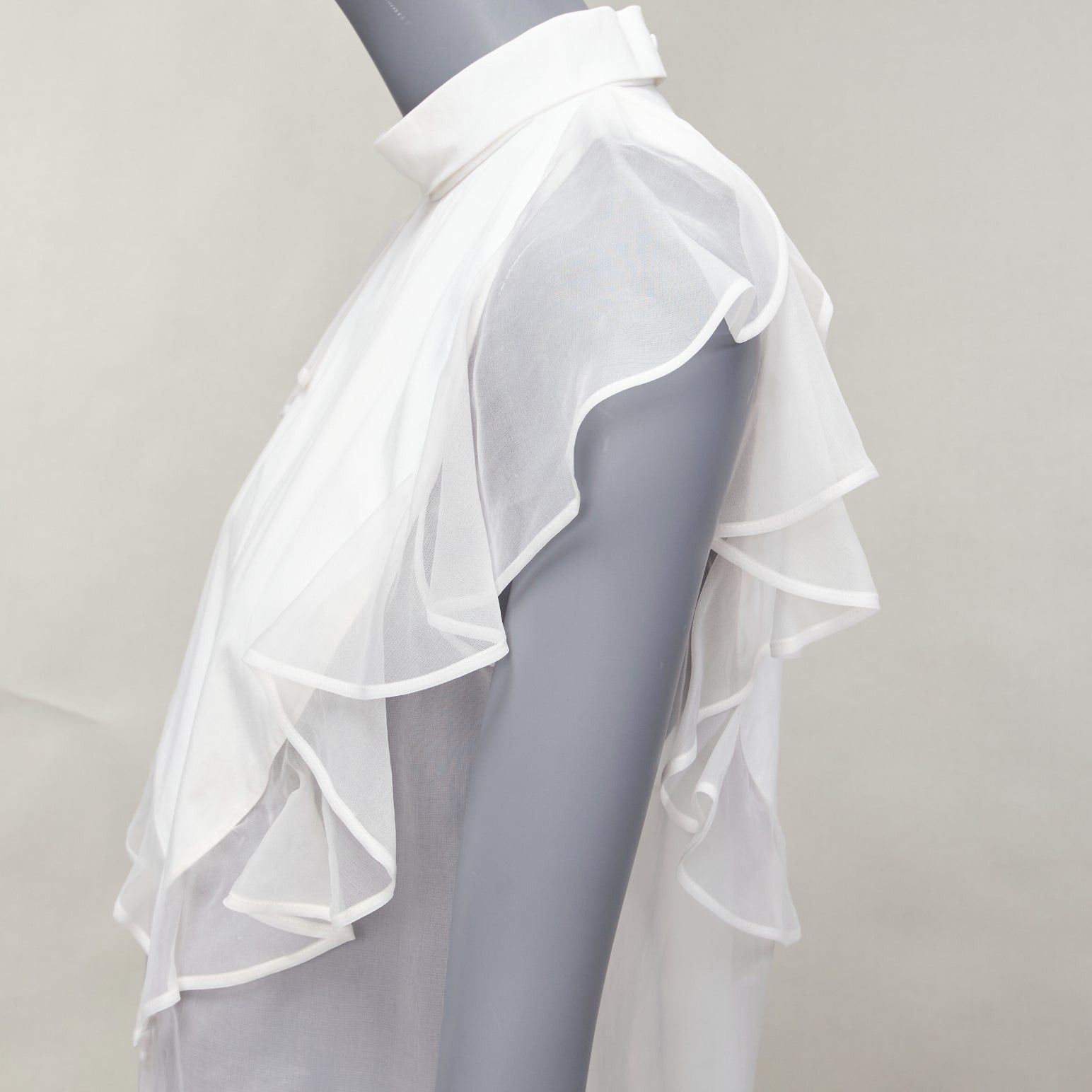 Givenchy GIVENCHY white silky sheer ruffles front hi neck collar sleeveless shirt Size S / US 4 / IT 40 - 2 Thumbnail