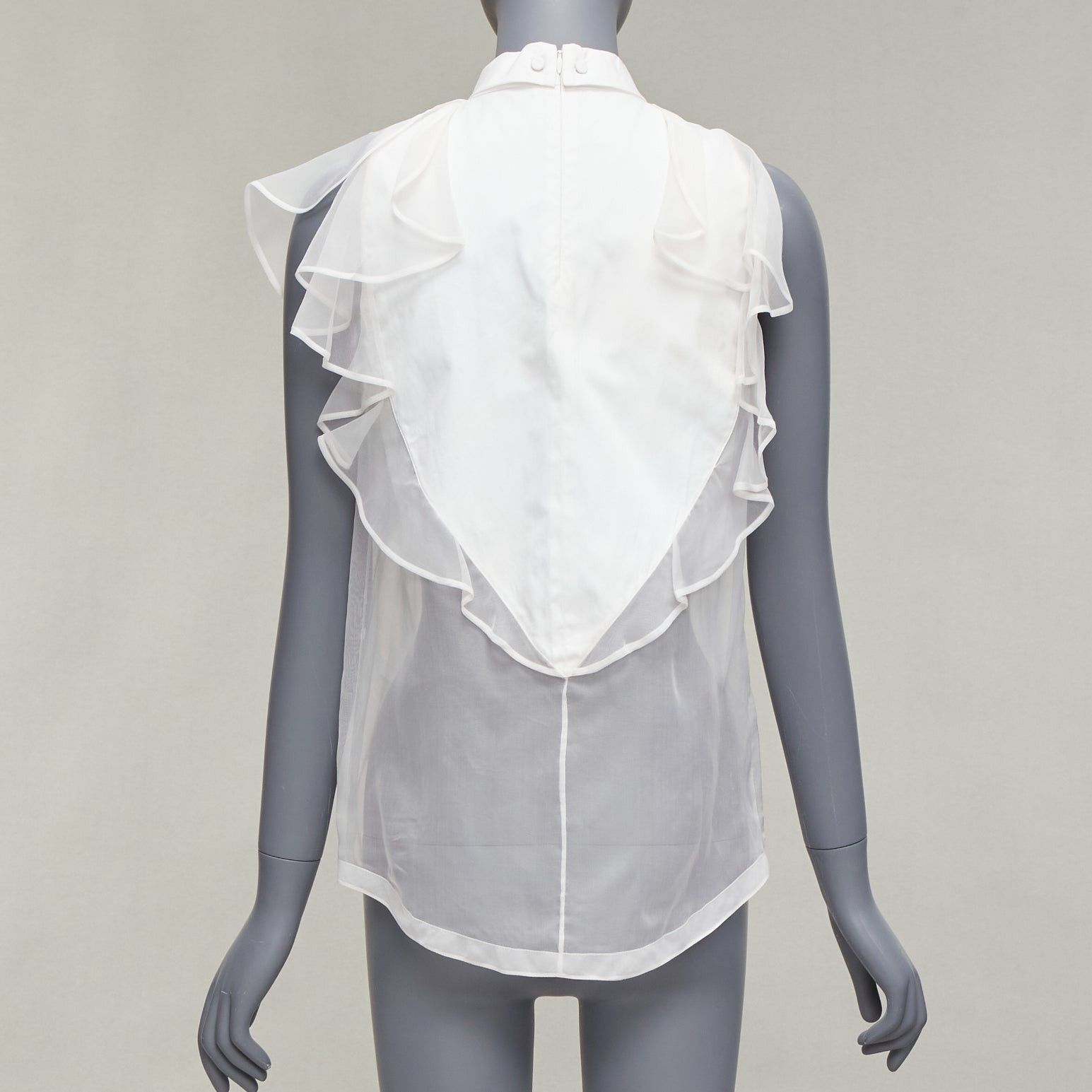 Givenchy GIVENCHY white silky sheer ruffles front hi neck collar sleeveless shirt Size S / US 4 / IT 40 - 5 Thumbnail