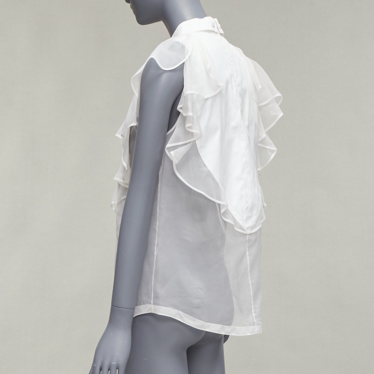 Givenchy GIVENCHY white silky sheer ruffles front hi neck collar sleeveless shirt Size S / US 4 / IT 40 - 6 Thumbnail