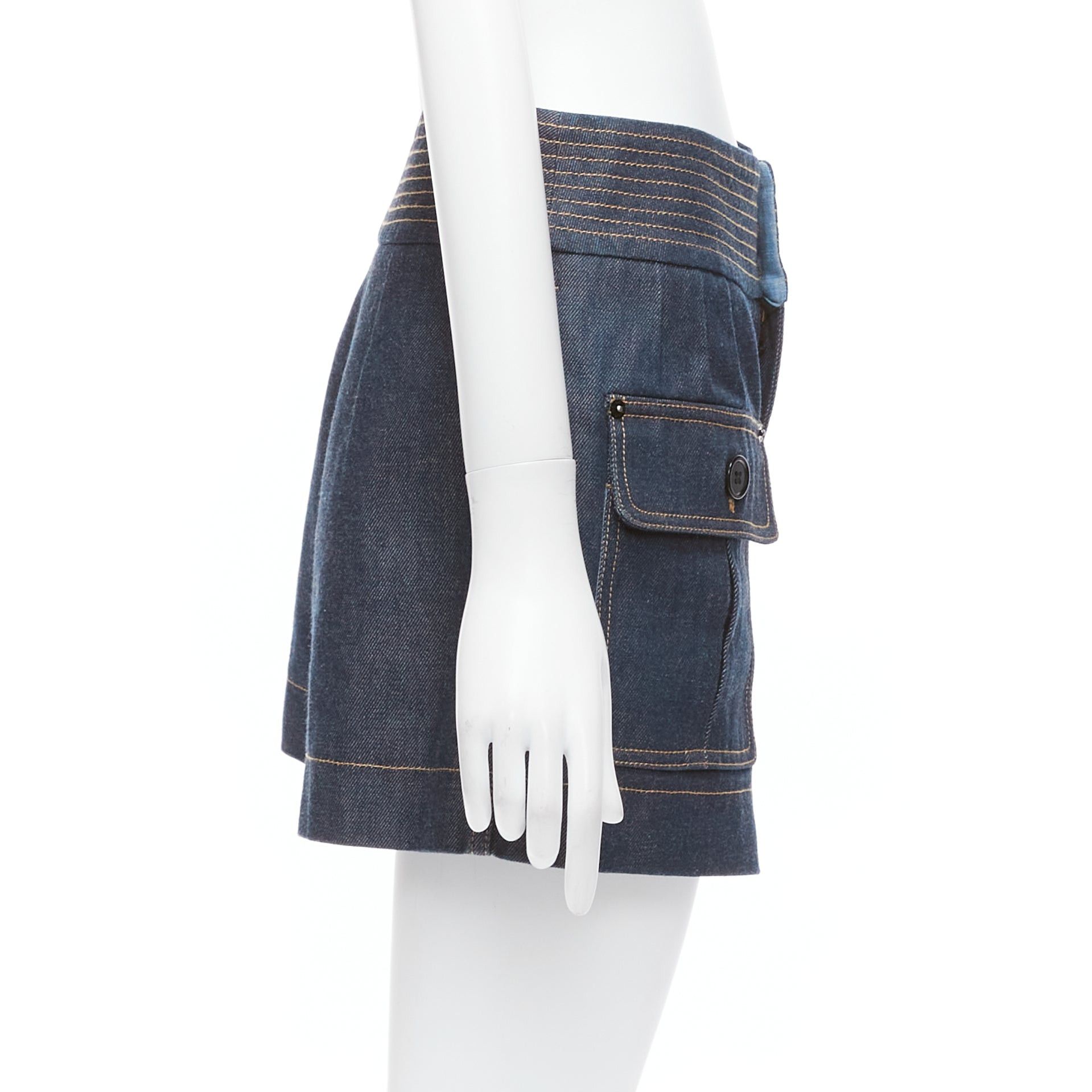 Chloe CHLOE blue cotton raw denim yellow topstitched cargo pocket shorts FR36 S Size 27" / US 4 / IT 40 - 4 Thumbnail