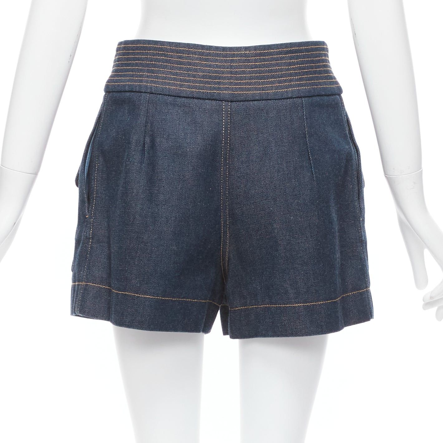 Chloe CHLOE blue cotton raw denim yellow topstitched cargo pocket shorts FR36 S Size 27" / US 4 / IT 40 - 5 Thumbnail