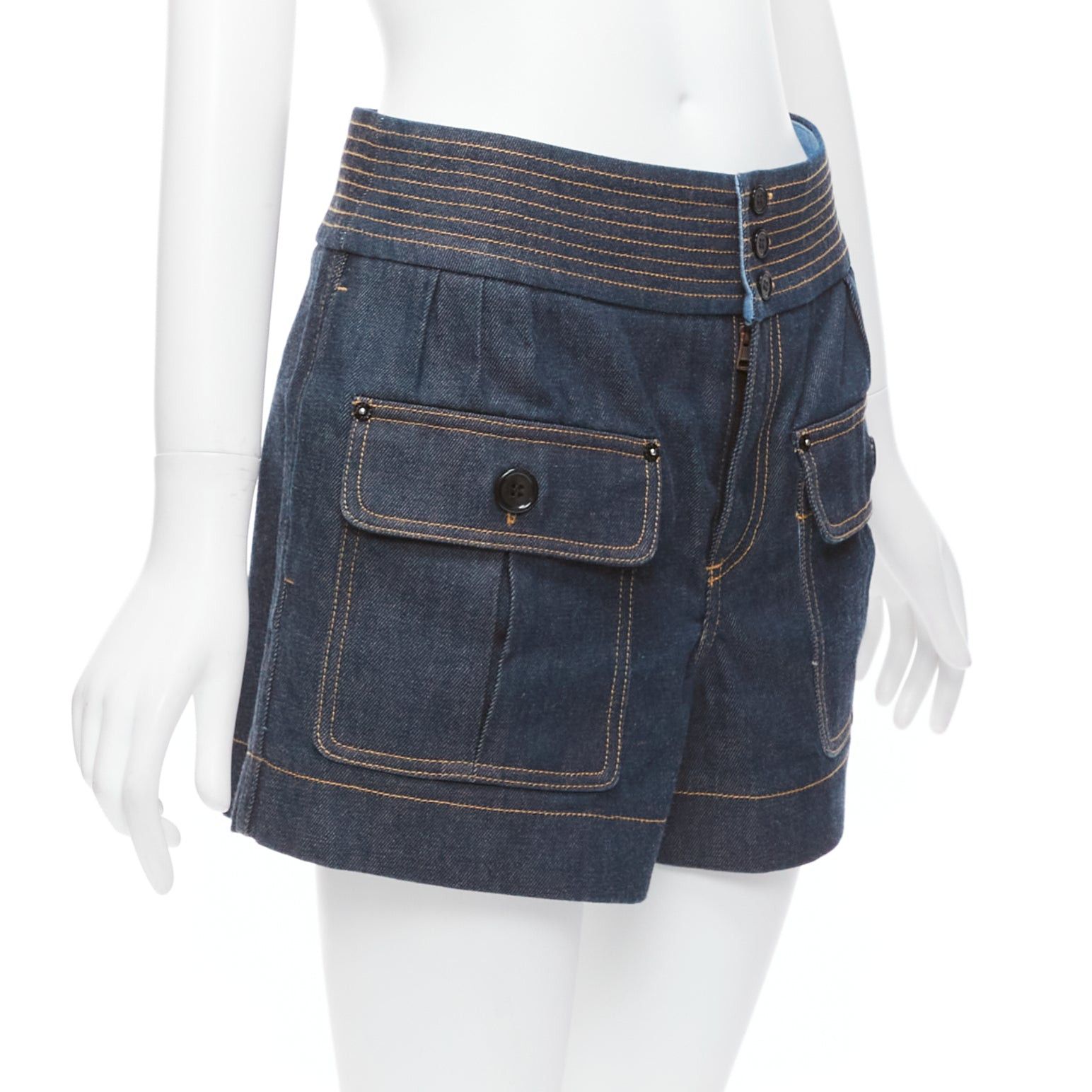 Chloe CHLOE blue cotton raw denim yellow topstitched cargo pocket shorts FR36 S Size 27" / US 4 / IT 40 - 3 Thumbnail