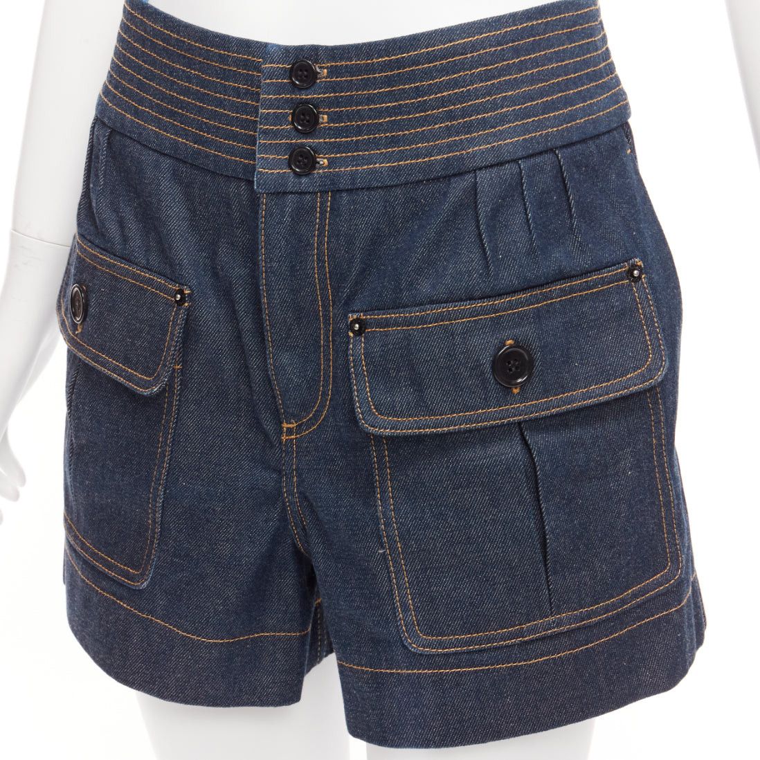 Chloe CHLOE blue cotton raw denim yellow topstitched cargo pocket shorts FR36 S Size 27" / US 4 / IT 40 - 2 Thumbnail