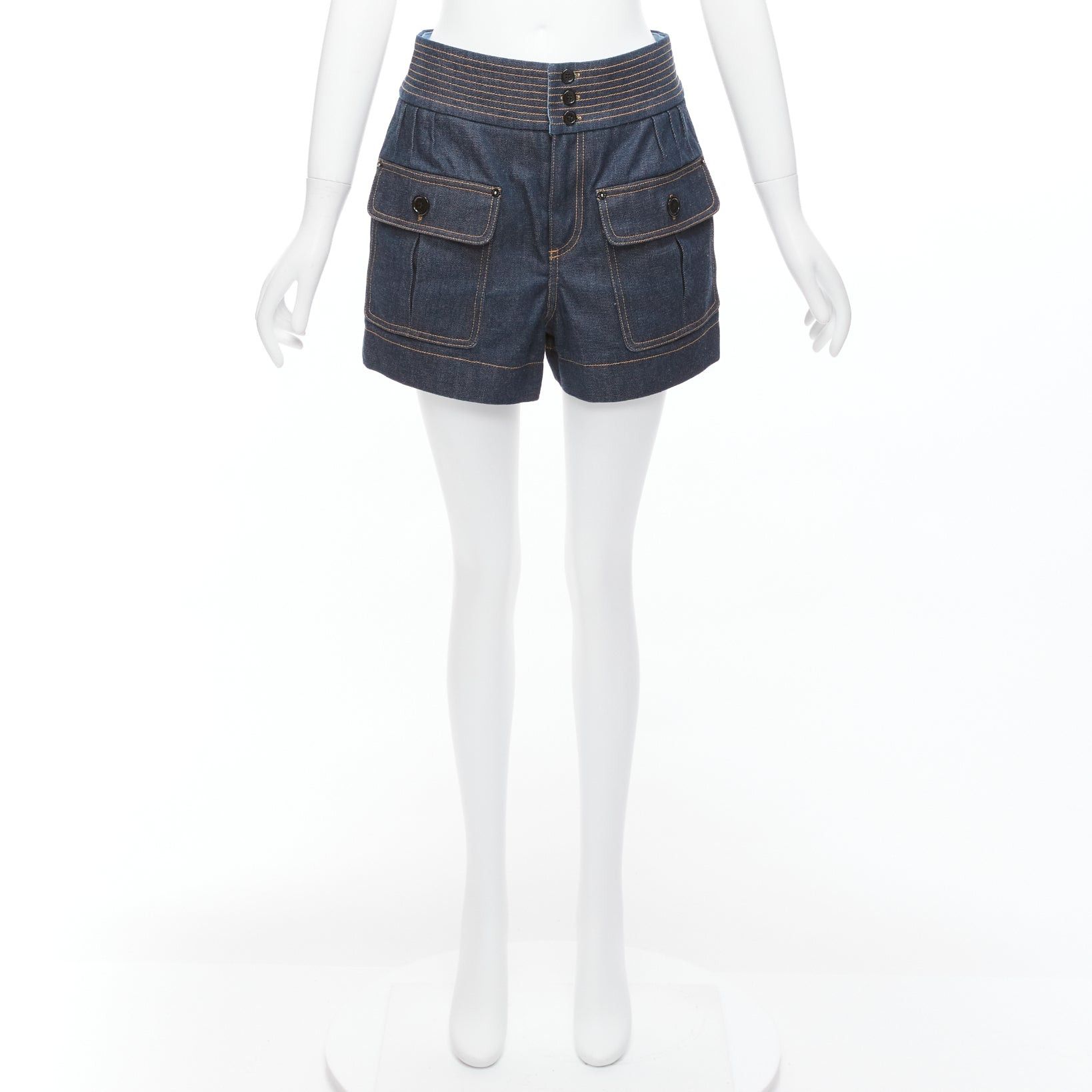 Chloe CHLOE blue cotton raw denim yellow topstitched cargo pocket shorts FR36 S Size 27" / US 4 / IT 40 - 9 Thumbnail