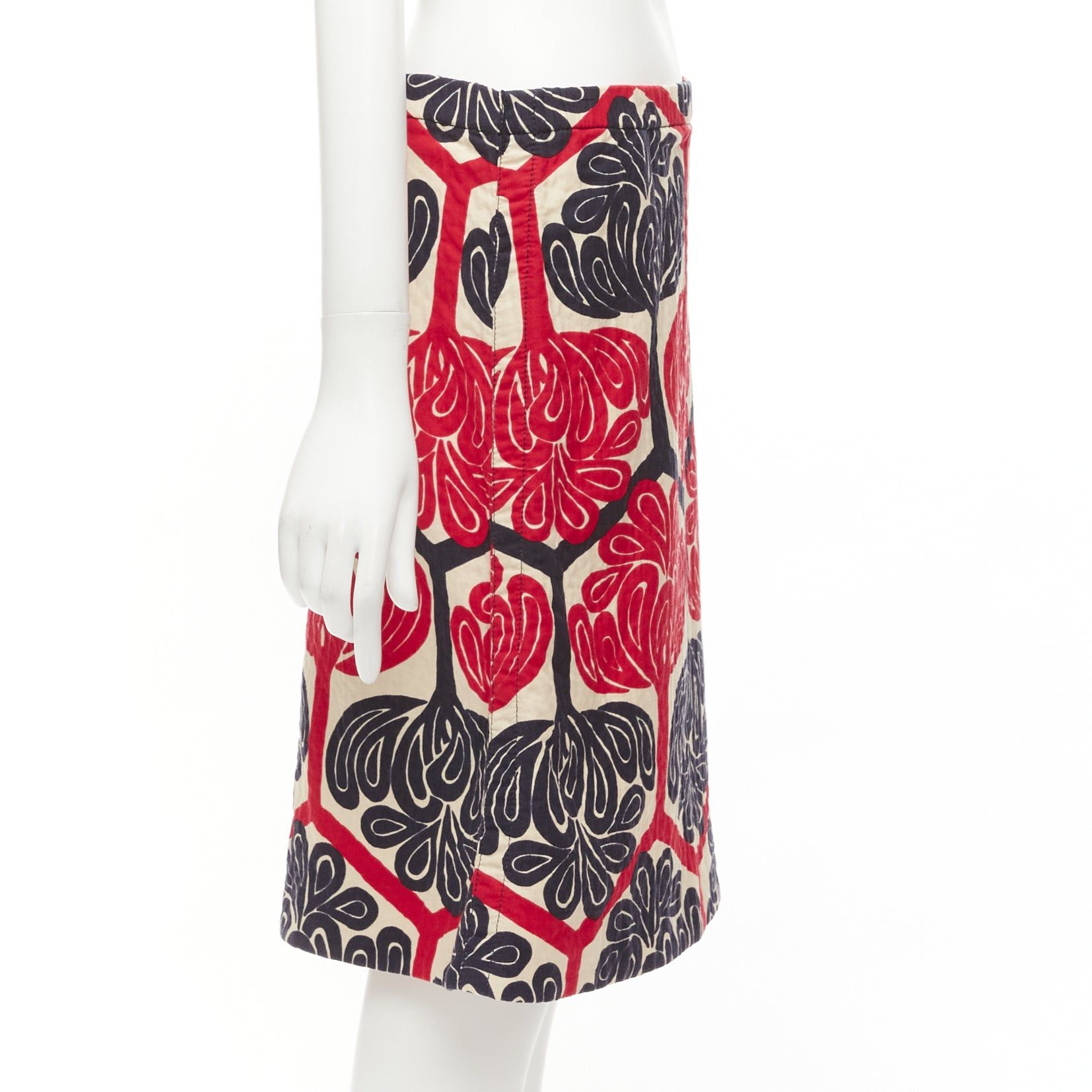Marni MARNI 2011 red navy cream ethnic print cotton Aline knee skirt IT38 XS Size 26" / US 2 / IT 38 - 4 Thumbnail