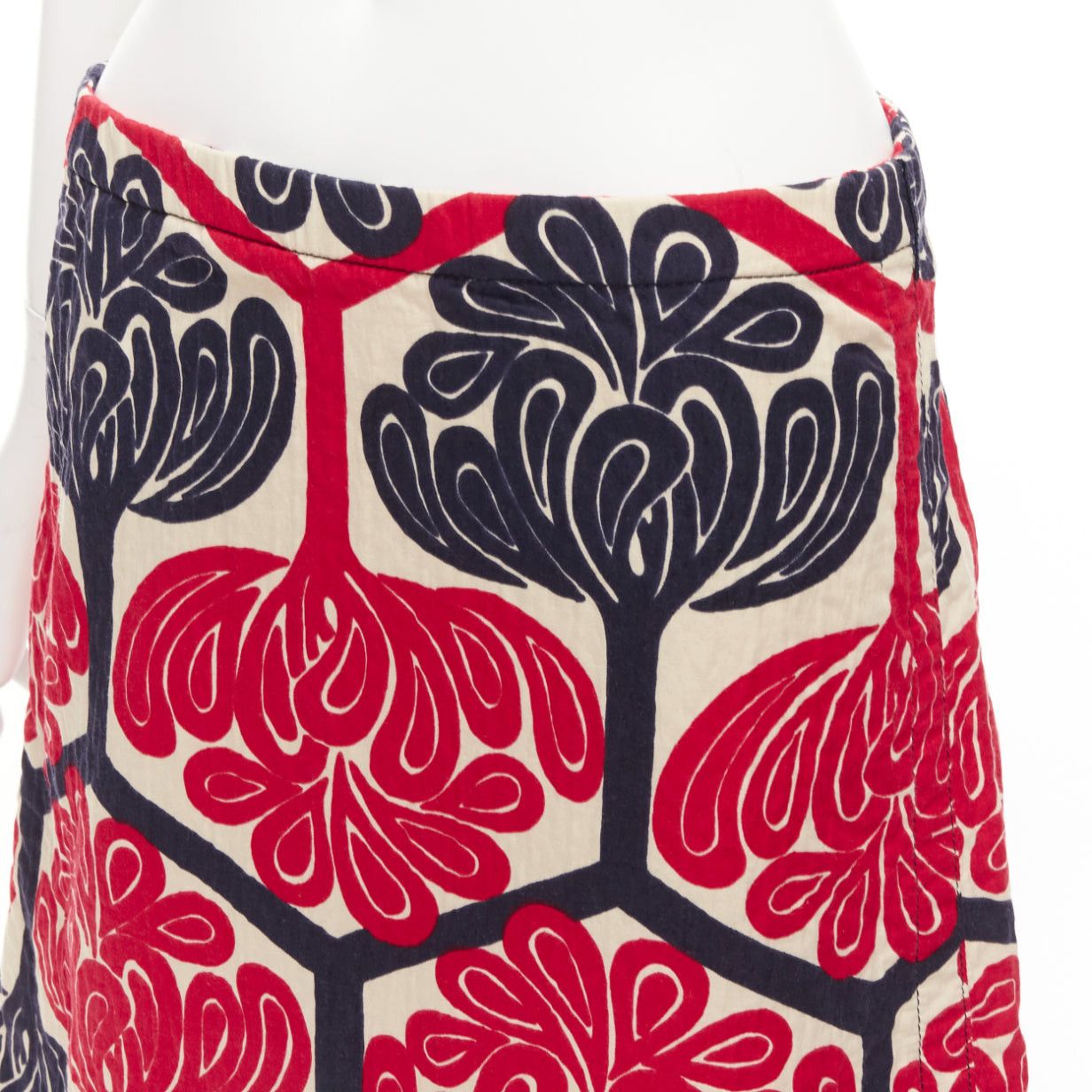 Marni MARNI 2011 red navy cream ethnic print cotton Aline knee skirt IT38 XS Size 26" / US 2 / IT 38 - 7 Thumbnail