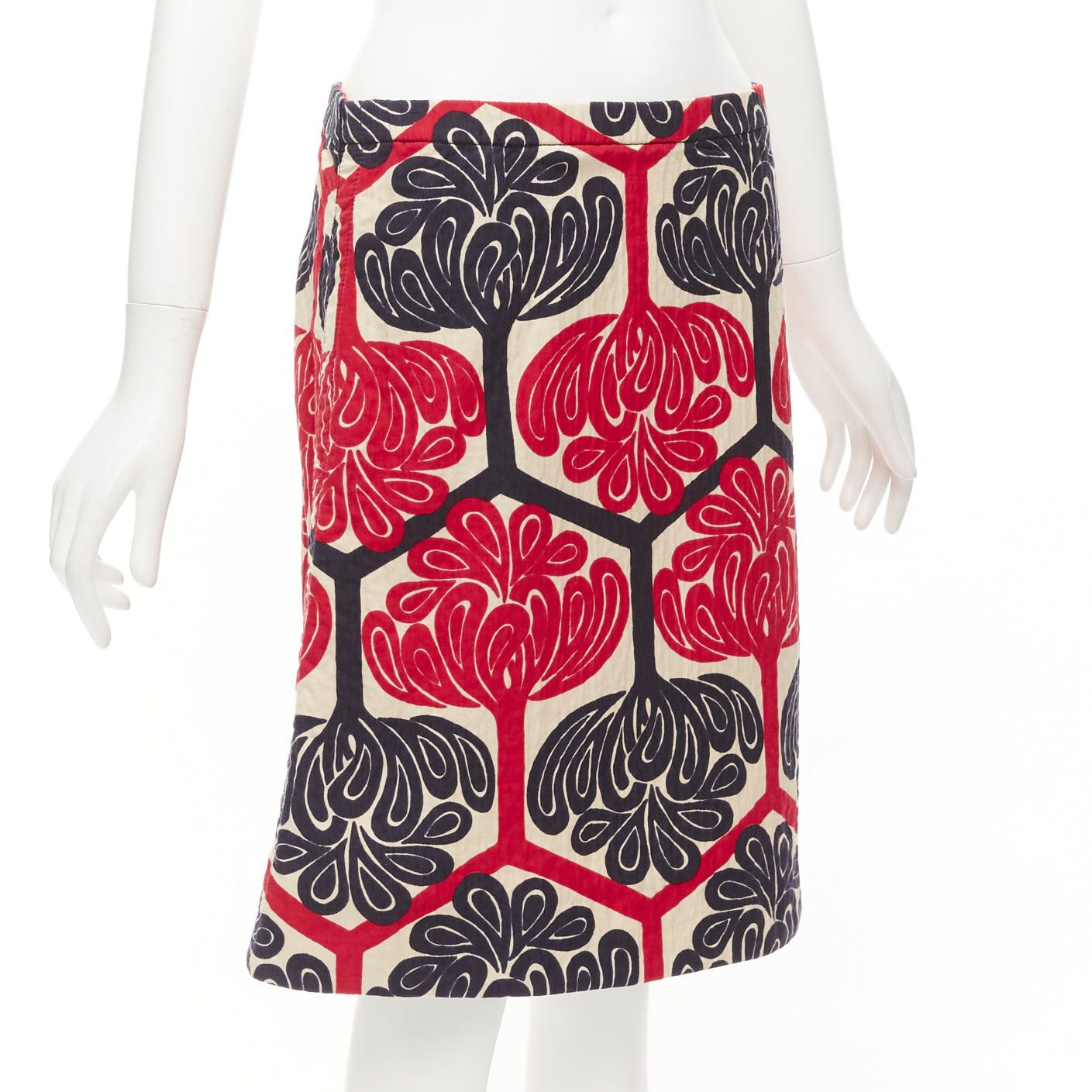 Marni MARNI 2011 red navy cream ethnic print cotton Aline knee skirt IT38 XS Size 26" / US 2 / IT 38 - 3 Thumbnail