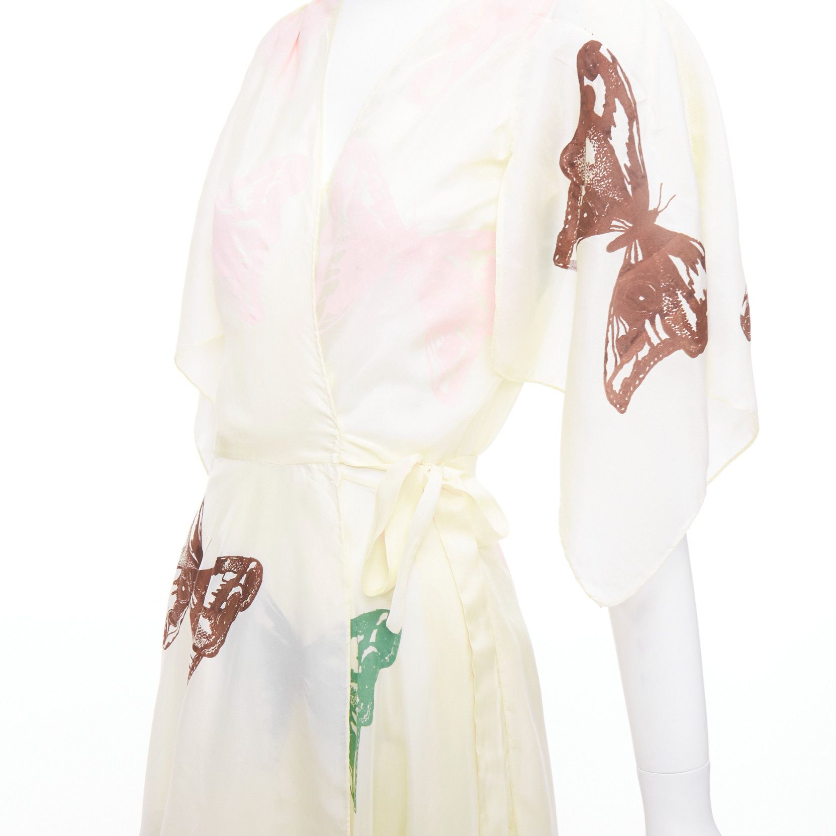Jesse Kamm JESSE KAMM cream silk pink brown butterfly print flare wrap dress S Size S / US 4 / IT 40 - 2 Thumbnail
