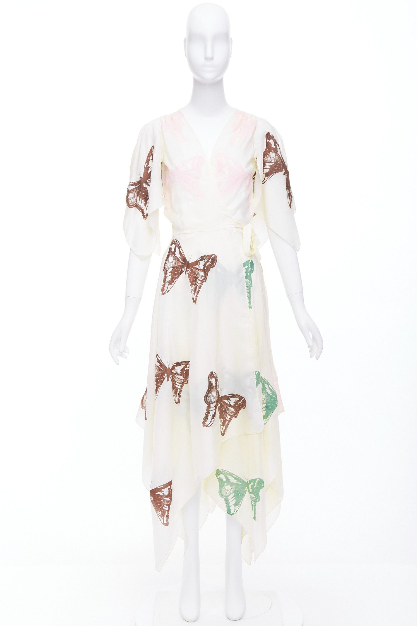 Jesse Kamm JESSE KAMM cream silk pink brown butterfly print flare wrap dress S Size S / US 4 / IT 40 - 9 Thumbnail