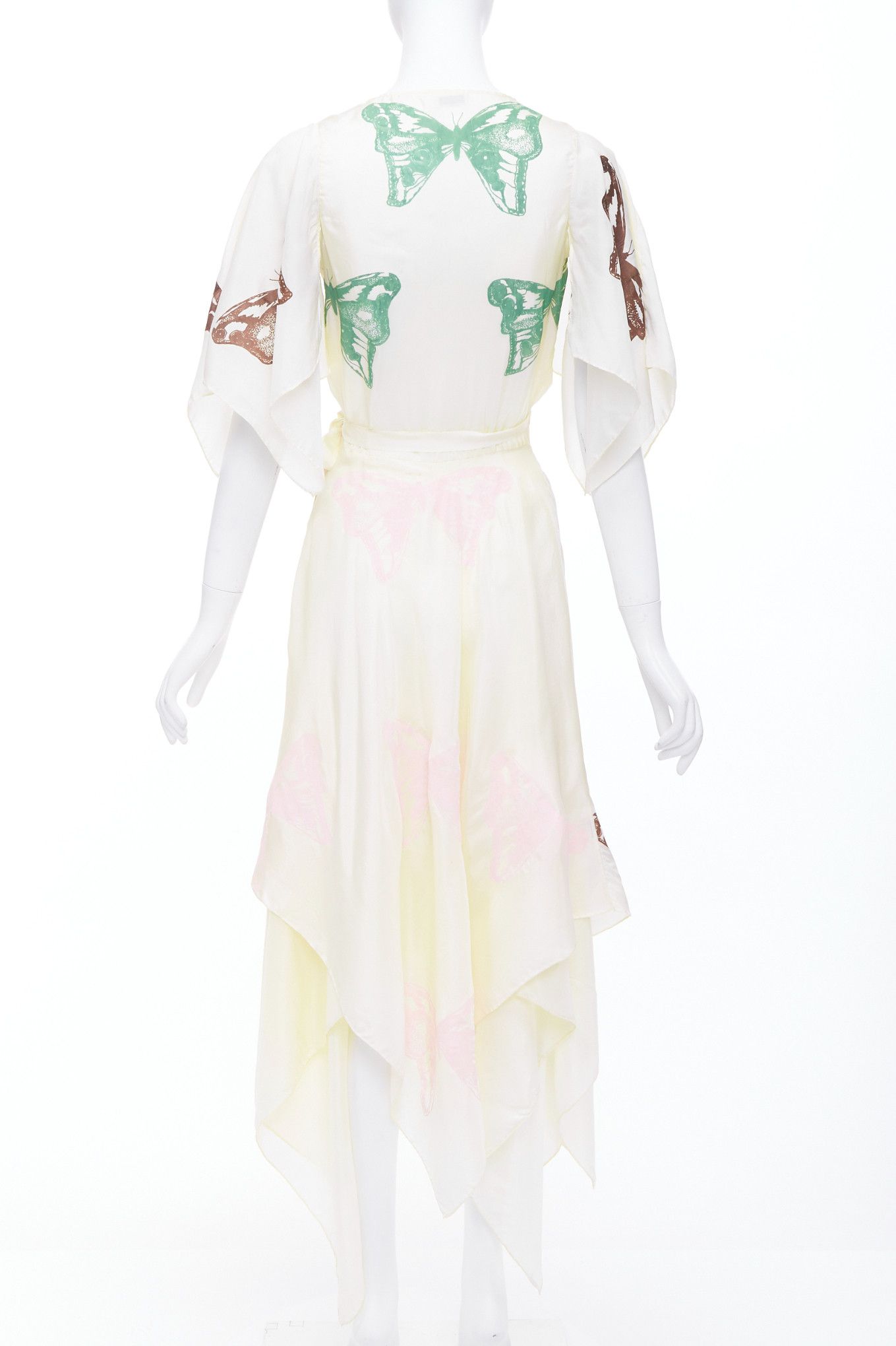 Jesse Kamm JESSE KAMM cream silk pink brown butterfly print flare wrap dress S Size S / US 4 / IT 40 - 5 Thumbnail