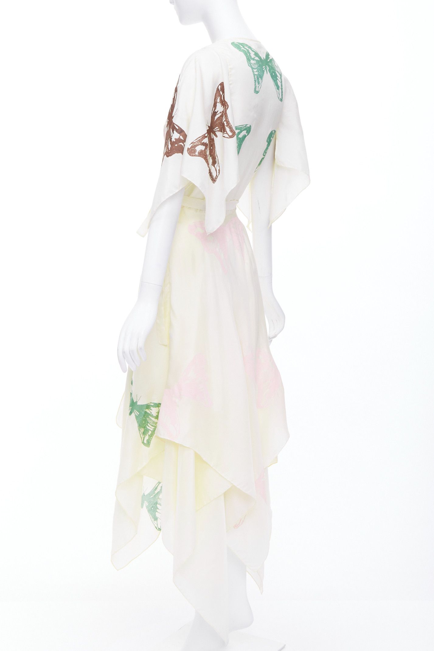 Jesse Kamm JESSE KAMM cream silk pink brown butterfly print flare wrap dress S Size S / US 4 / IT 40 - 6 Thumbnail