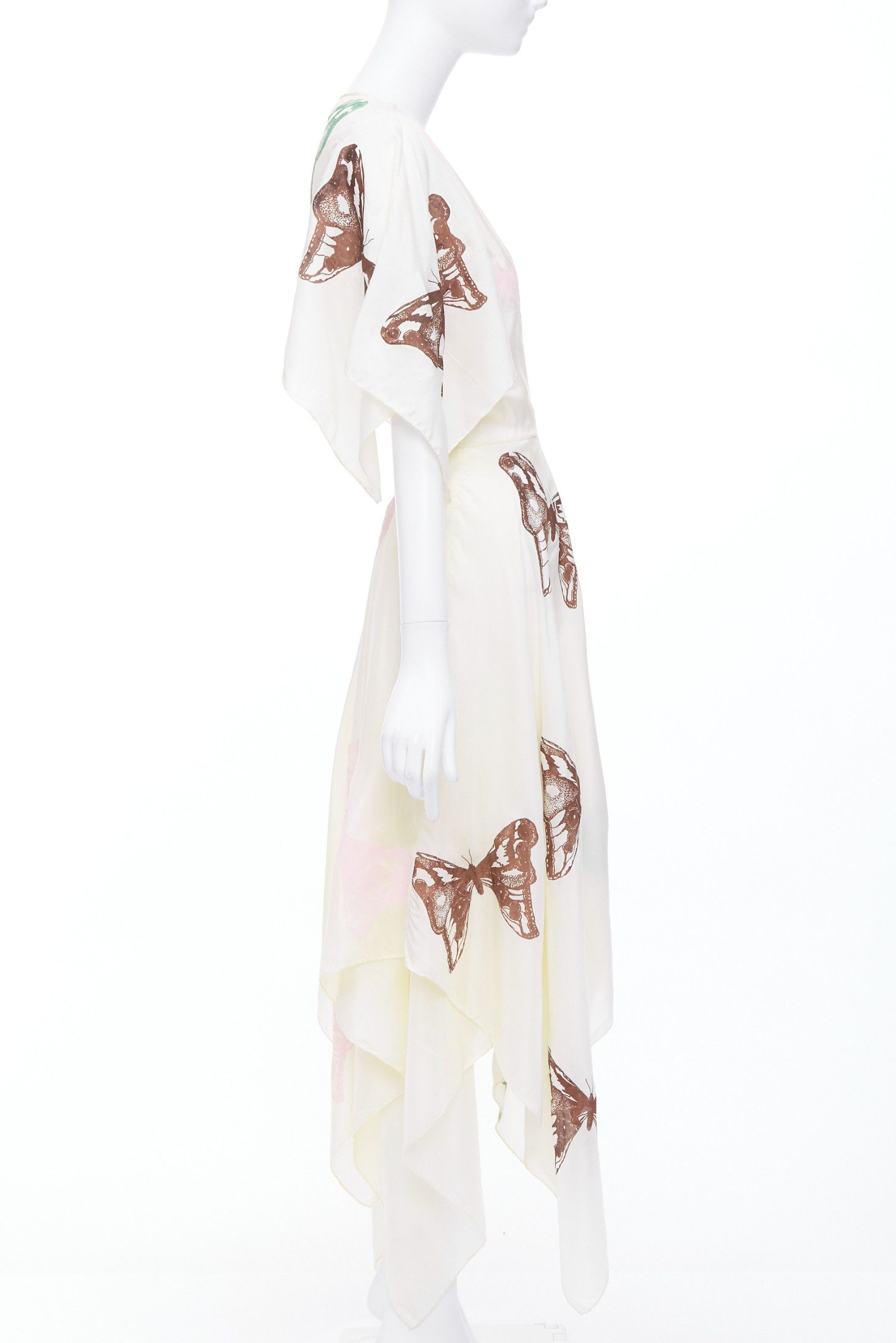 Jesse Kamm JESSE KAMM cream silk pink brown butterfly print flare wrap dress S Size S / US 4 / IT 40 - 4 Thumbnail