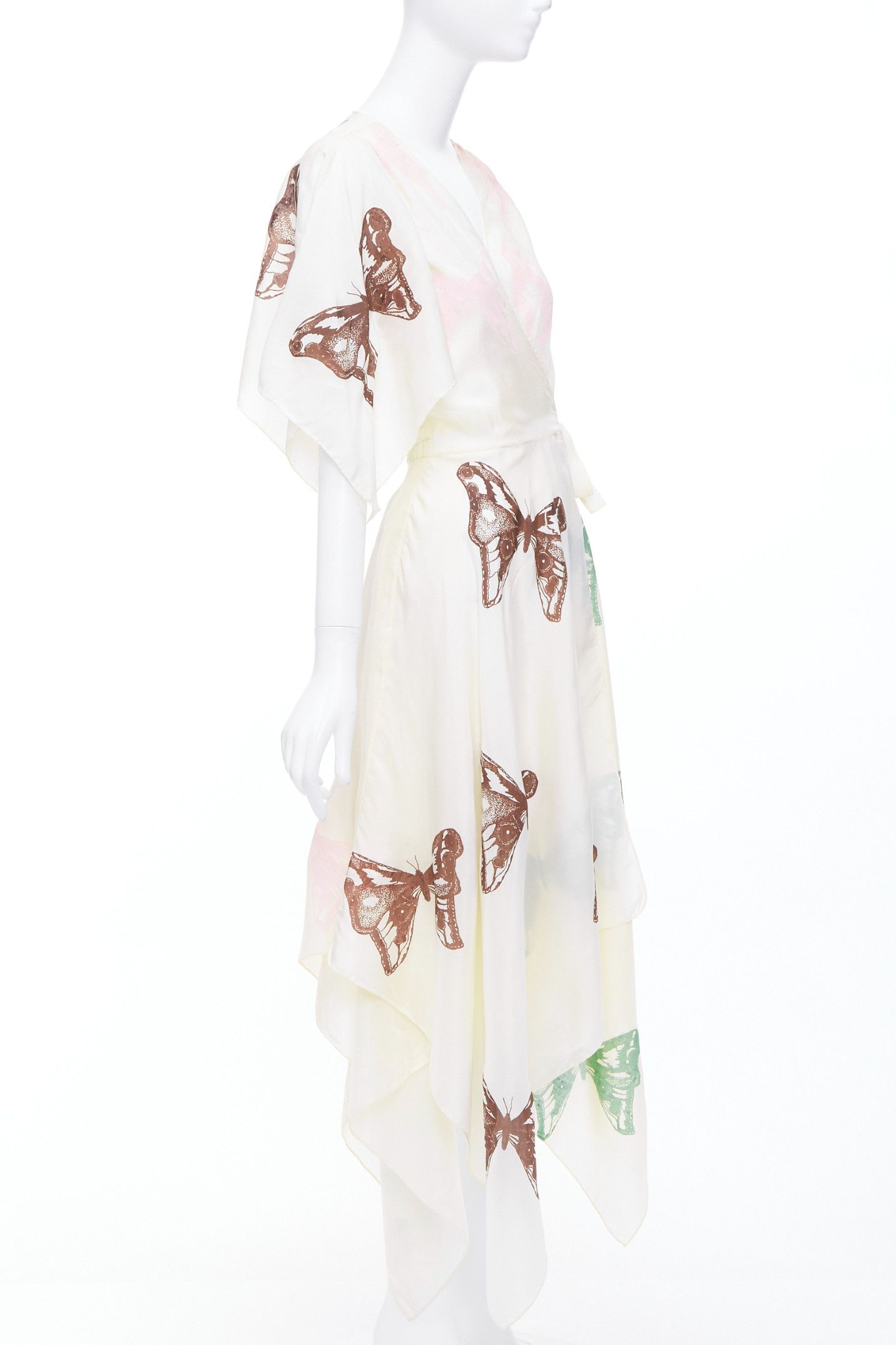 Jesse Kamm JESSE KAMM cream silk pink brown butterfly print flare wrap dress S Size S / US 4 / IT 40 - 3 Thumbnail