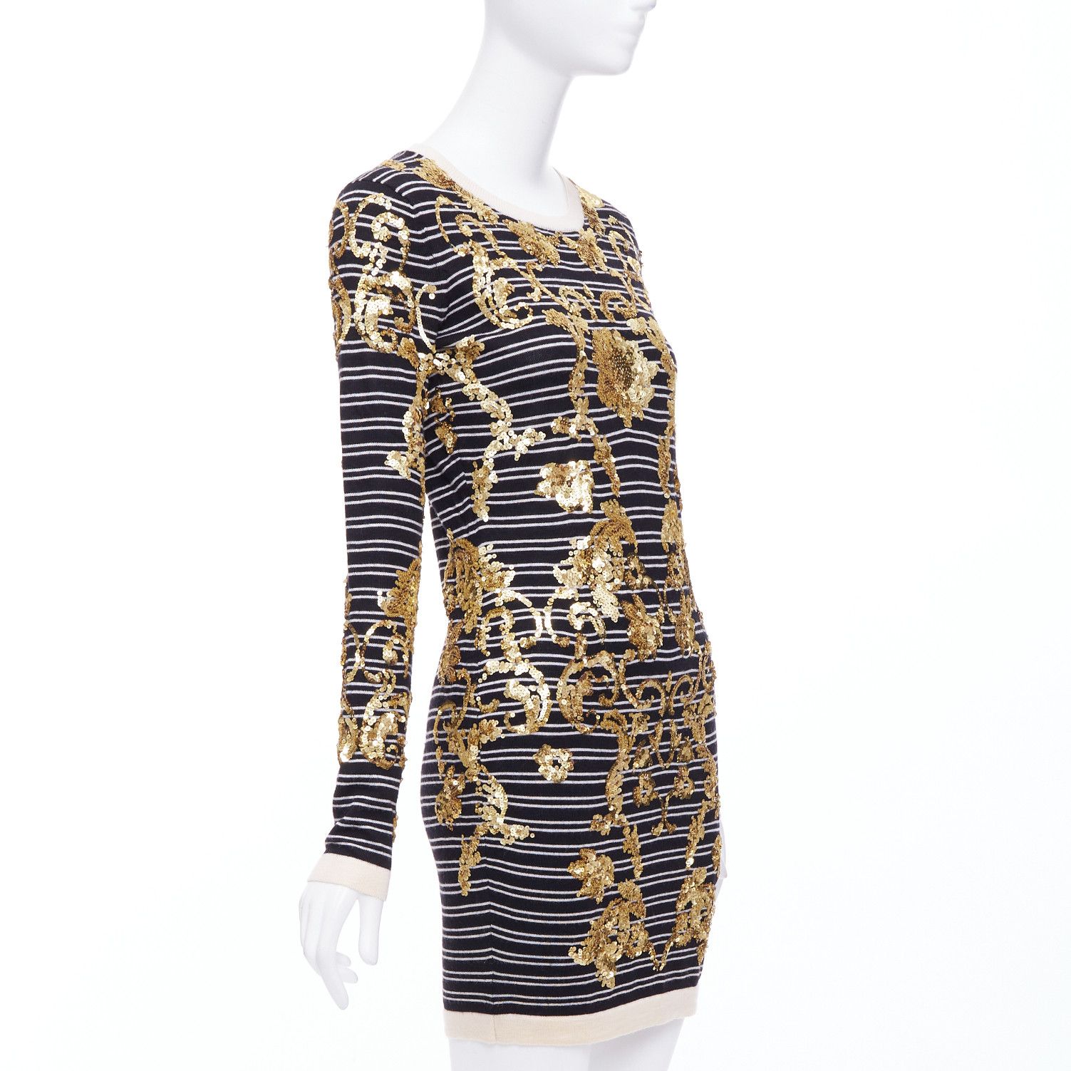 Markus Lupfer MARKUS LUPFER gold sequins black 100% merino wool striped sweater dress S Size S / US 4 / IT 40 - 3 Thumbnail