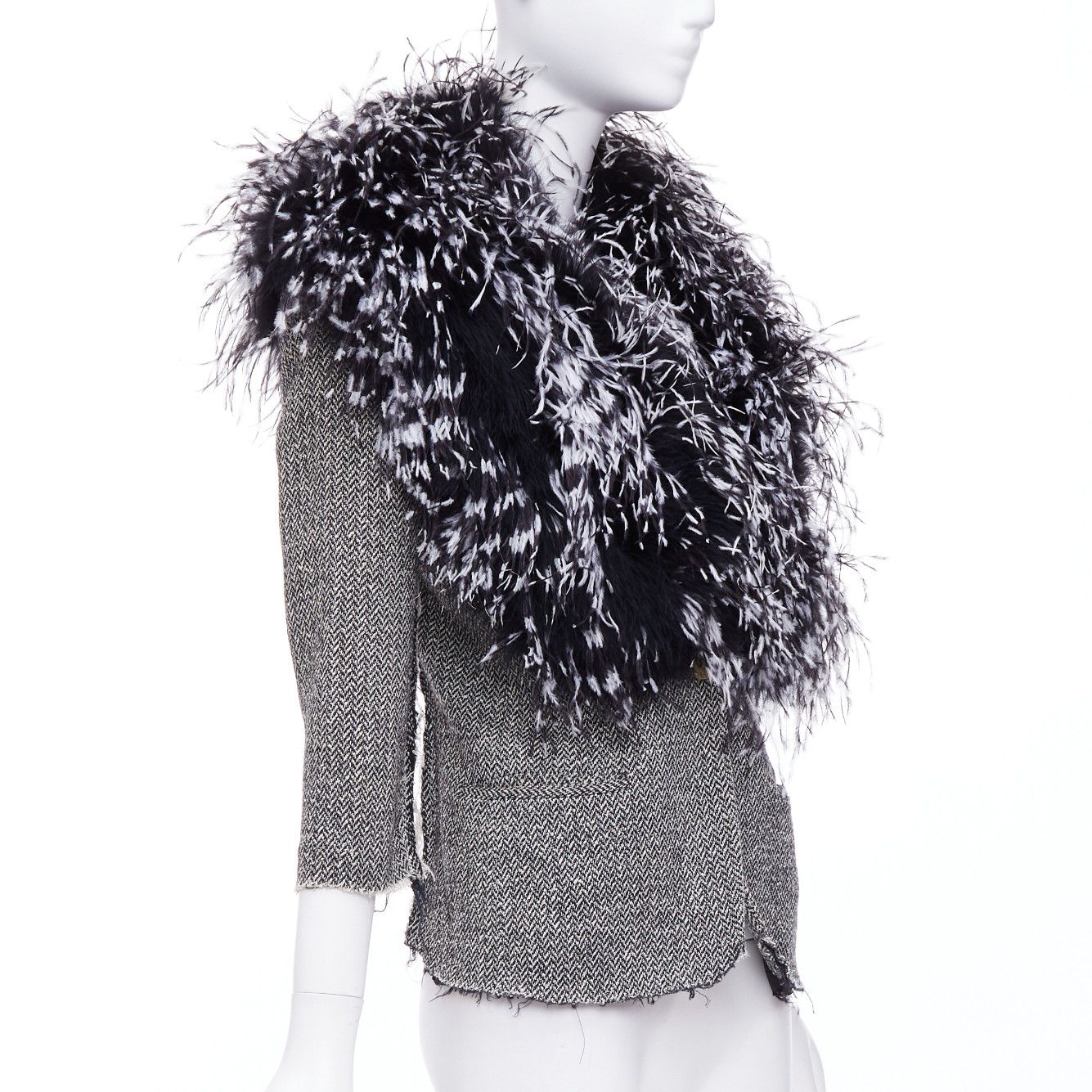 Libertine LIBERTINE handmade black white feather collar herringbone tweed jacket Size M / US 6-8 / IT 42-44 - 3 Thumbnail