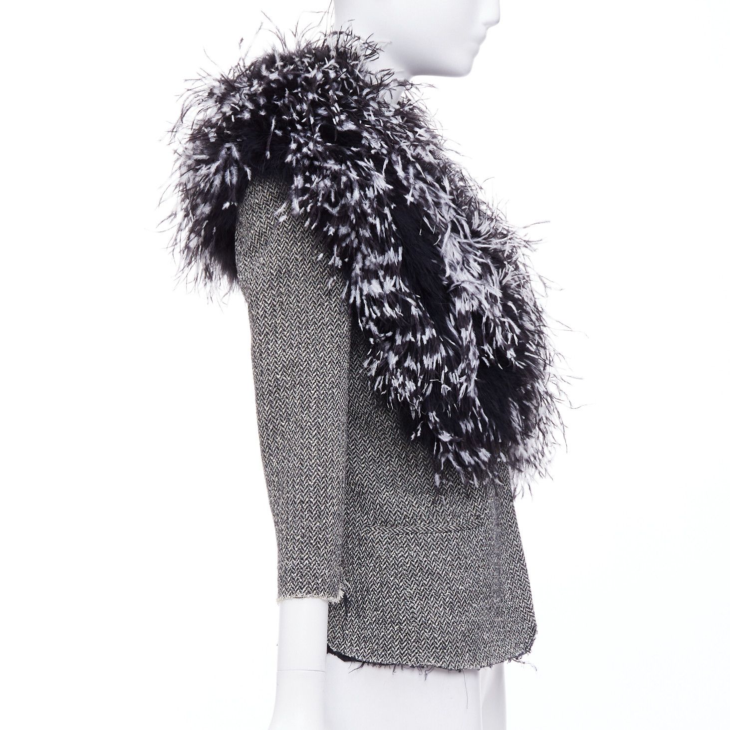 Libertine LIBERTINE handmade black white feather collar herringbone tweed jacket Size M / US 6-8 / IT 42-44 - 4 Thumbnail