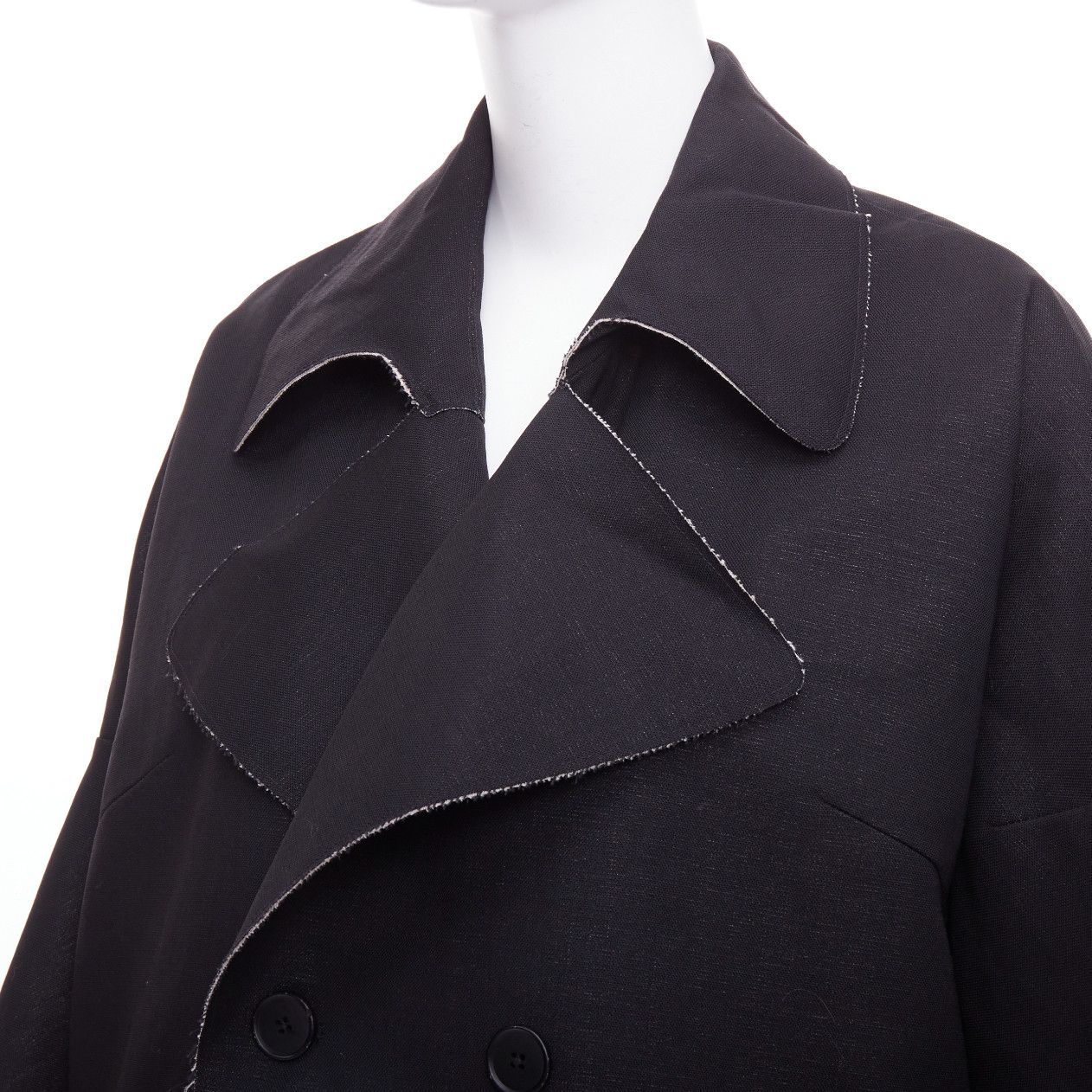 Marni MARNI black wool linen frayed edge double breasted long coat IT38 XS Size XS / US 0-2 / IT 36-38 - 2 Thumbnail