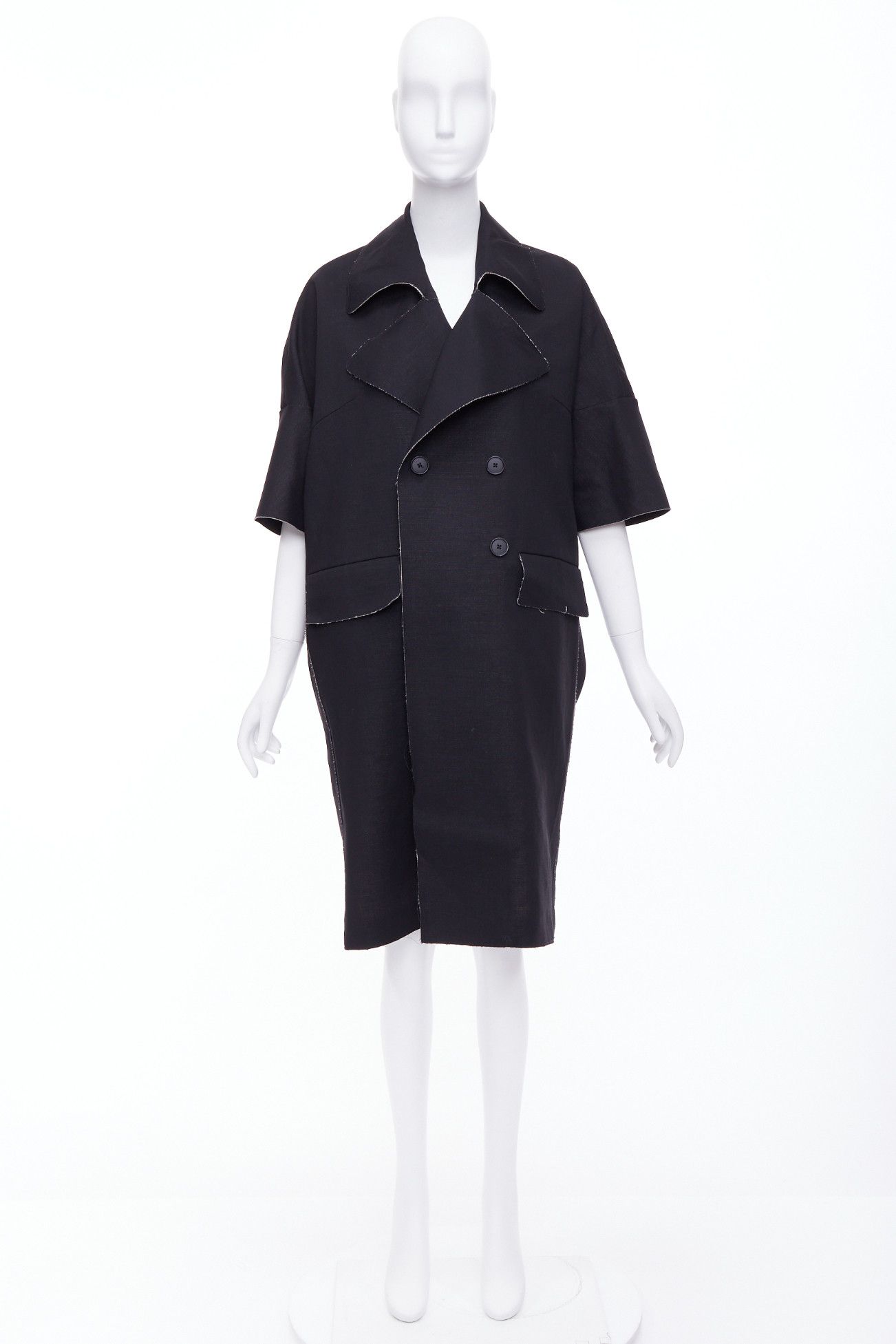 Marni MARNI black wool linen frayed edge double breasted long coat IT38 XS Size XS / US 0-2 / IT 36-38 - 9 Thumbnail